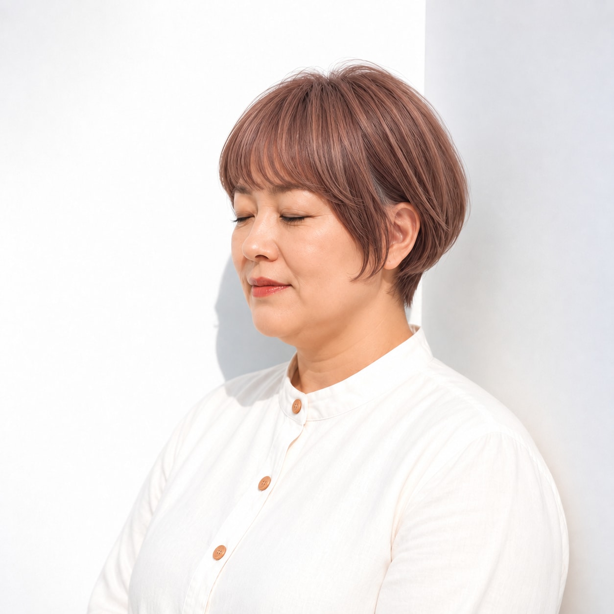 5. ショートヘア × 襟足短め：襟元がすっきりし、正面の丸みを引き立てます