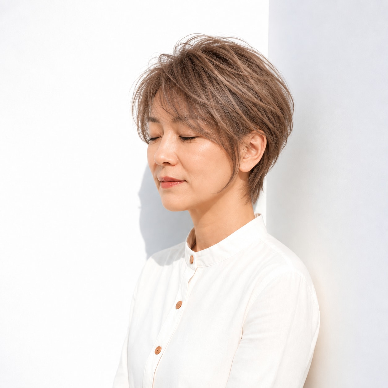 5. ショートレイヤー × 襟足短め：襟元がすっきりし、正面の丸みを引き立てます