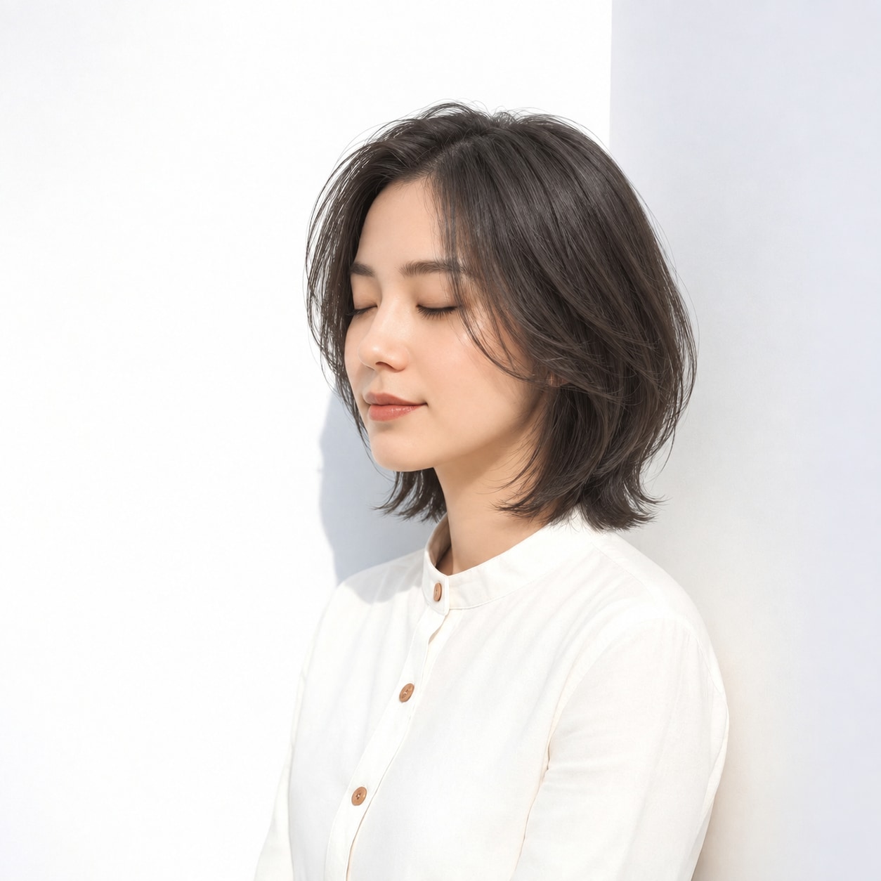 5. ショートレイヤー × 長め × 襟足短め：襟元がすっきりし、正面の丸みを引き立てます