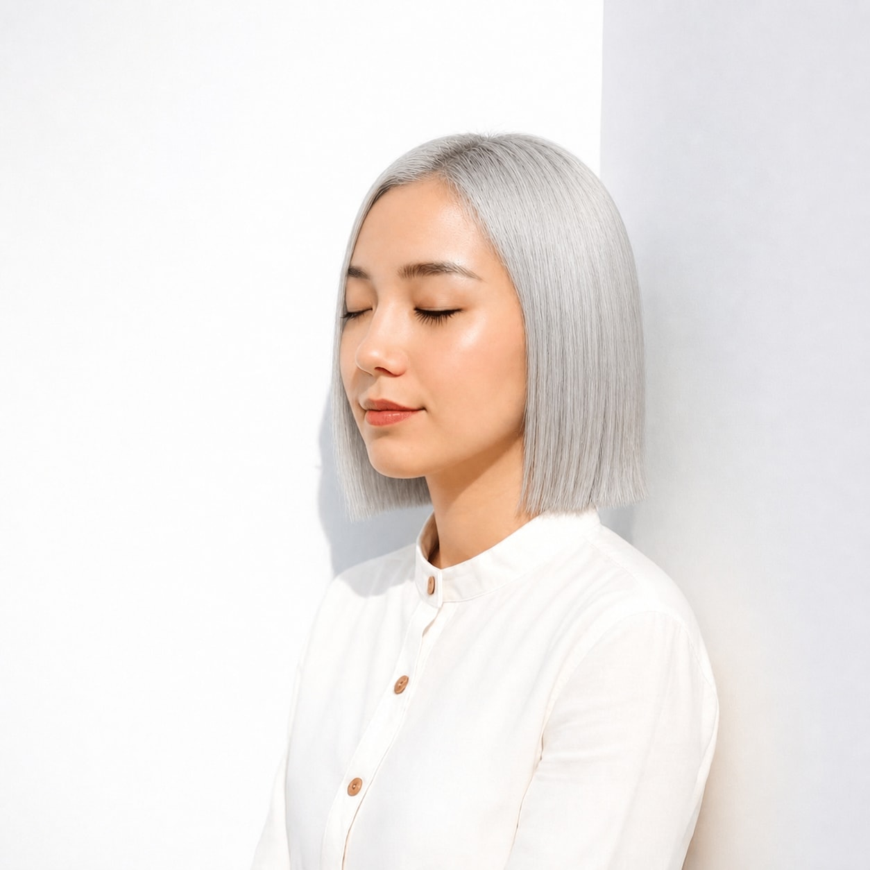 5. シルバーアッシュ×ストレートボブ: 白っぽい発色でボブがクールな印象になる