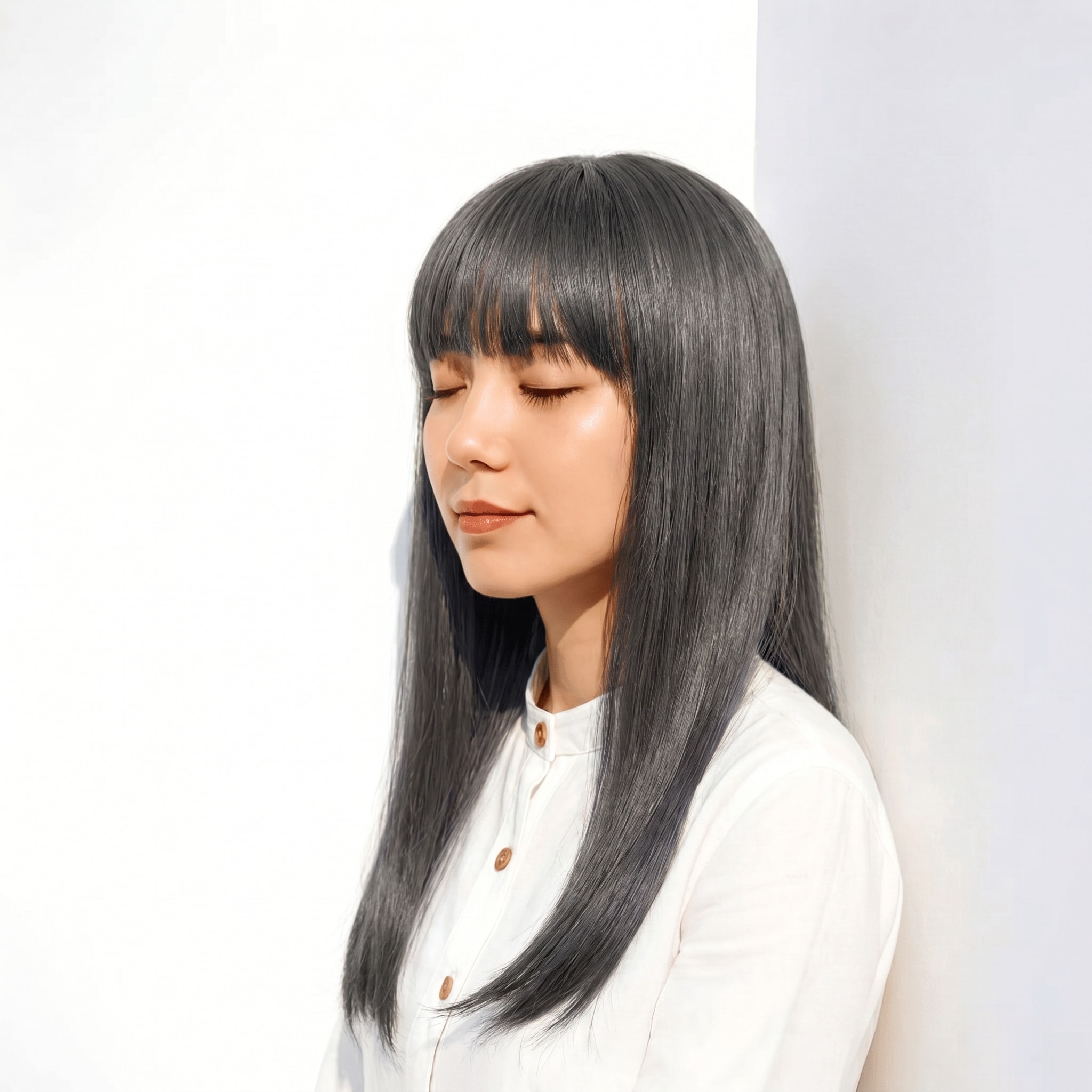 5. シルバーグレー×ロングストレート: 透明感メイクにぴったりのミニマルスタイル