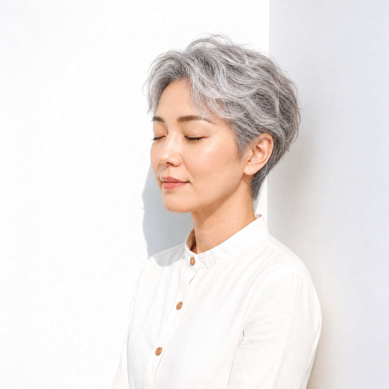5. シルバーショートパーマ × 横流し：柔らかな色を凛と見せる