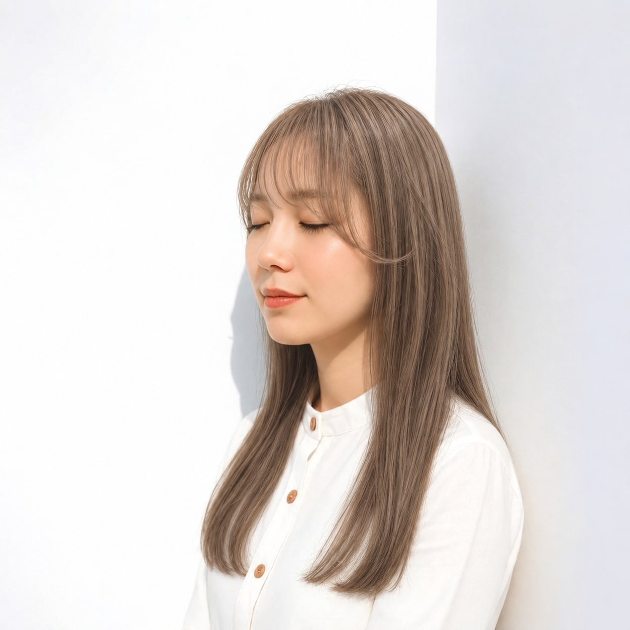 2. ベージュロング × カーブ触覚：ストレートに柔らかさを