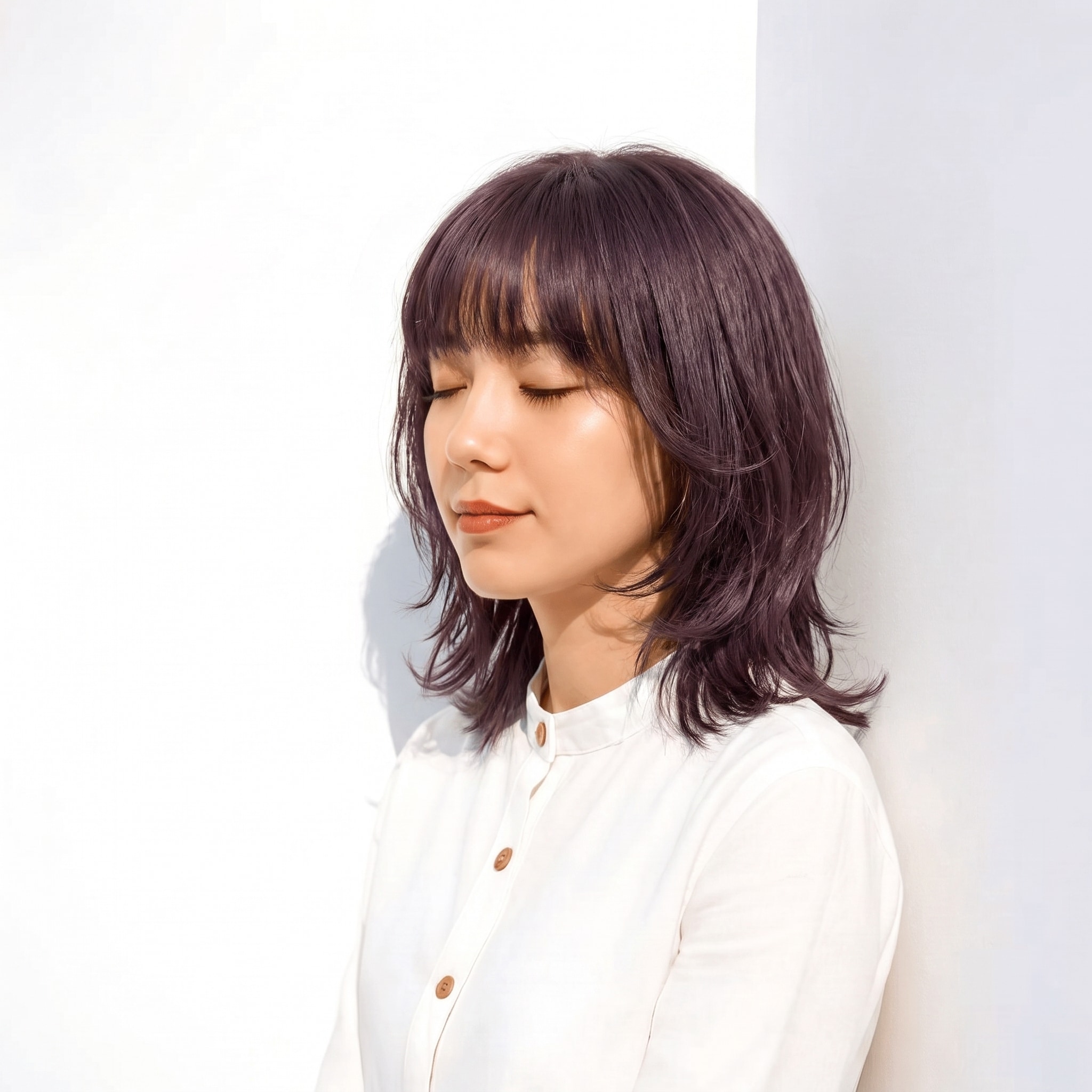 5. スモーキーパープル×ブリーチなし×外ハネボブ: くすんだ発色で外ハネボブに大人っぽい変化が出る