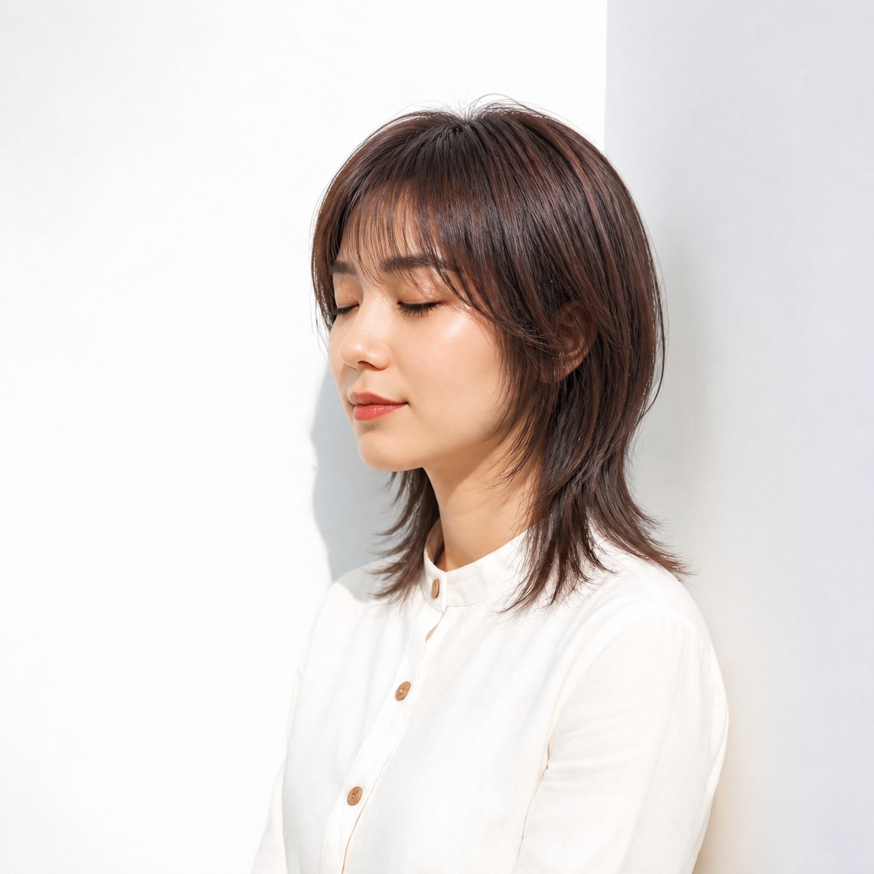 5. セミロングウルフ × ダークレイヤー：きりっと軽やか
