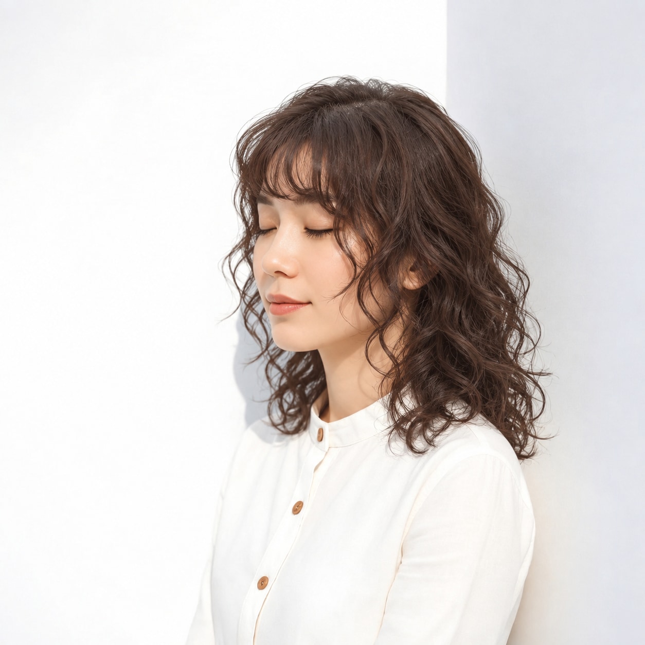 5. セミロングパーマ × 強め × 前髪パーマ：顔まわりだけ直線にならず、全体の質感が自然につながります