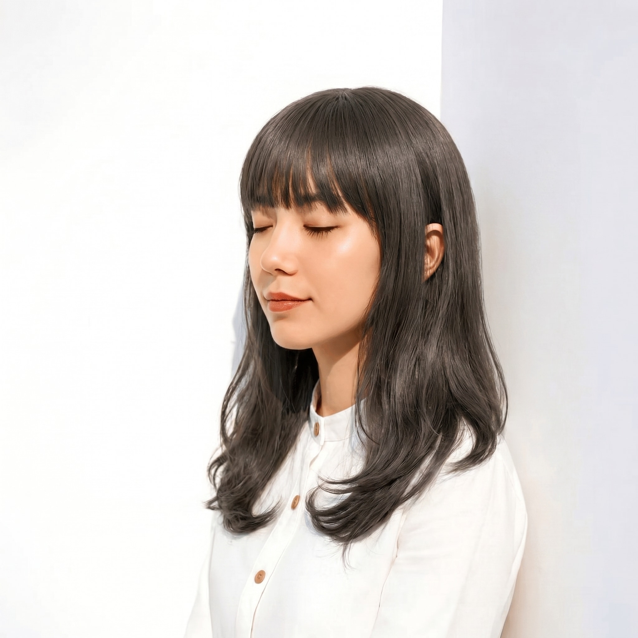 5. ダークグレー×上品ツヤ感: 肩下ミディアムで落ち着いた深さを演出