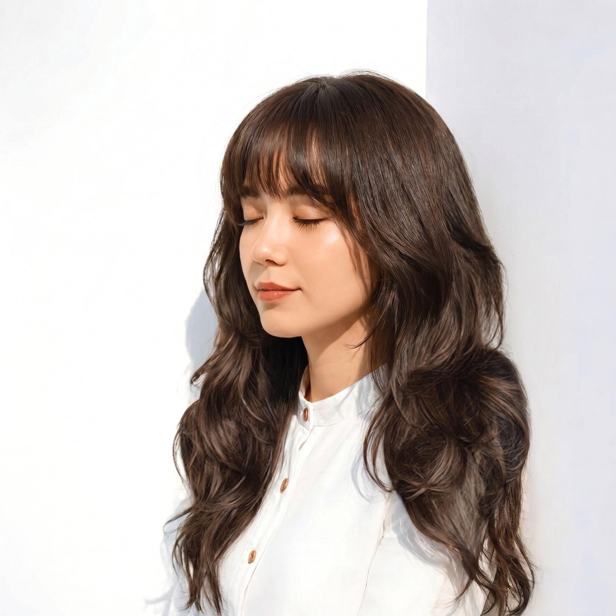 5. ダークグレージュ×ロングウェーブ: 上品なツヤと軽やかさを両立するスタイル