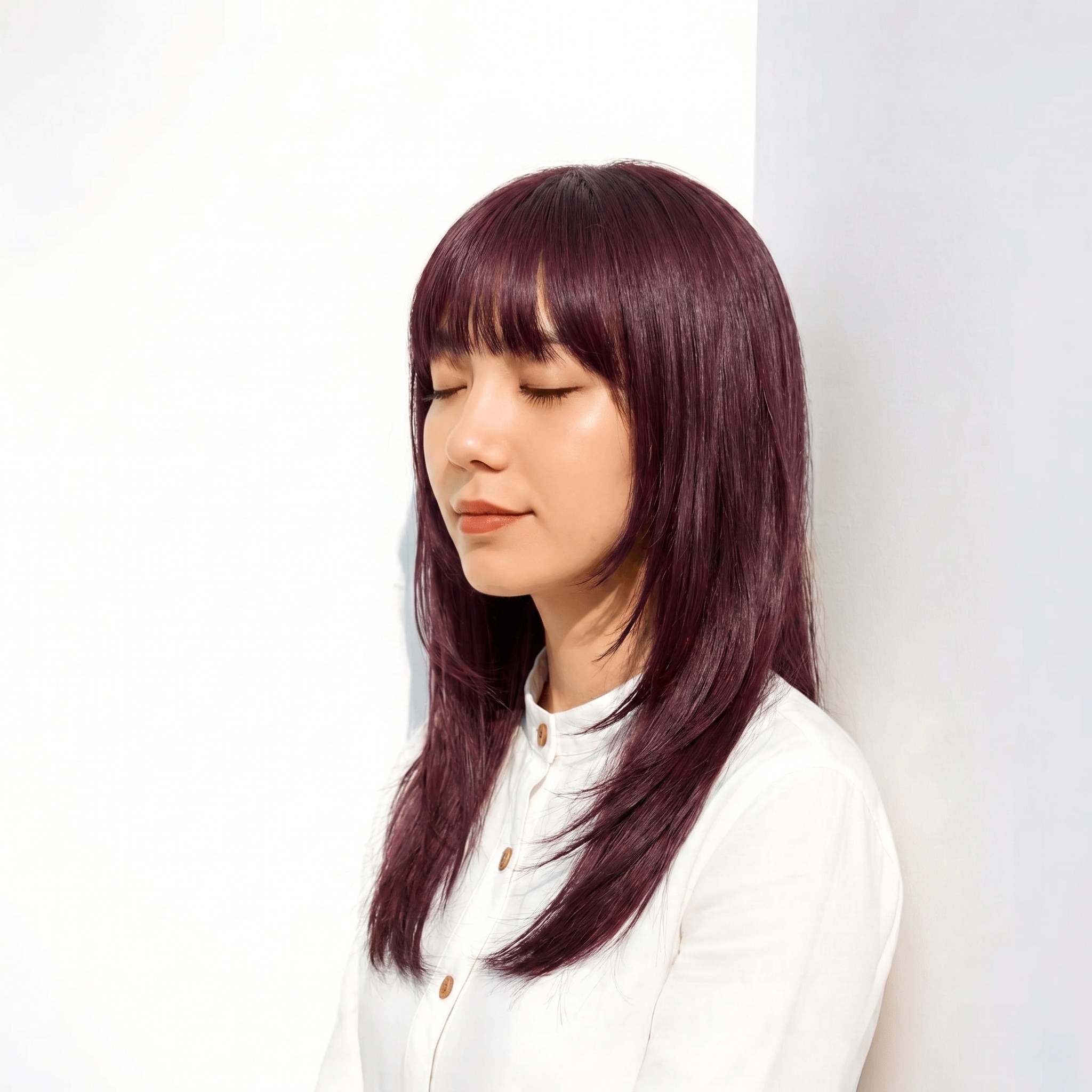 5. ダークピンク×柔らかカラー×前髪あり: 落ち着きは残しつつ、ほんのり今っぽさを足せる