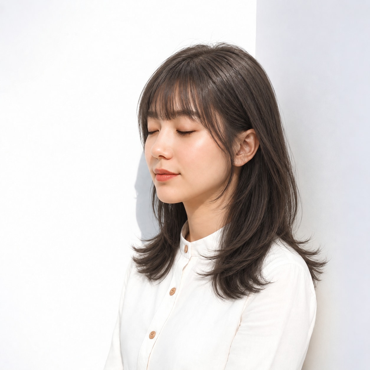 5. ダークロング × 顔まわりレイヤー：重さを散らして軽やかに