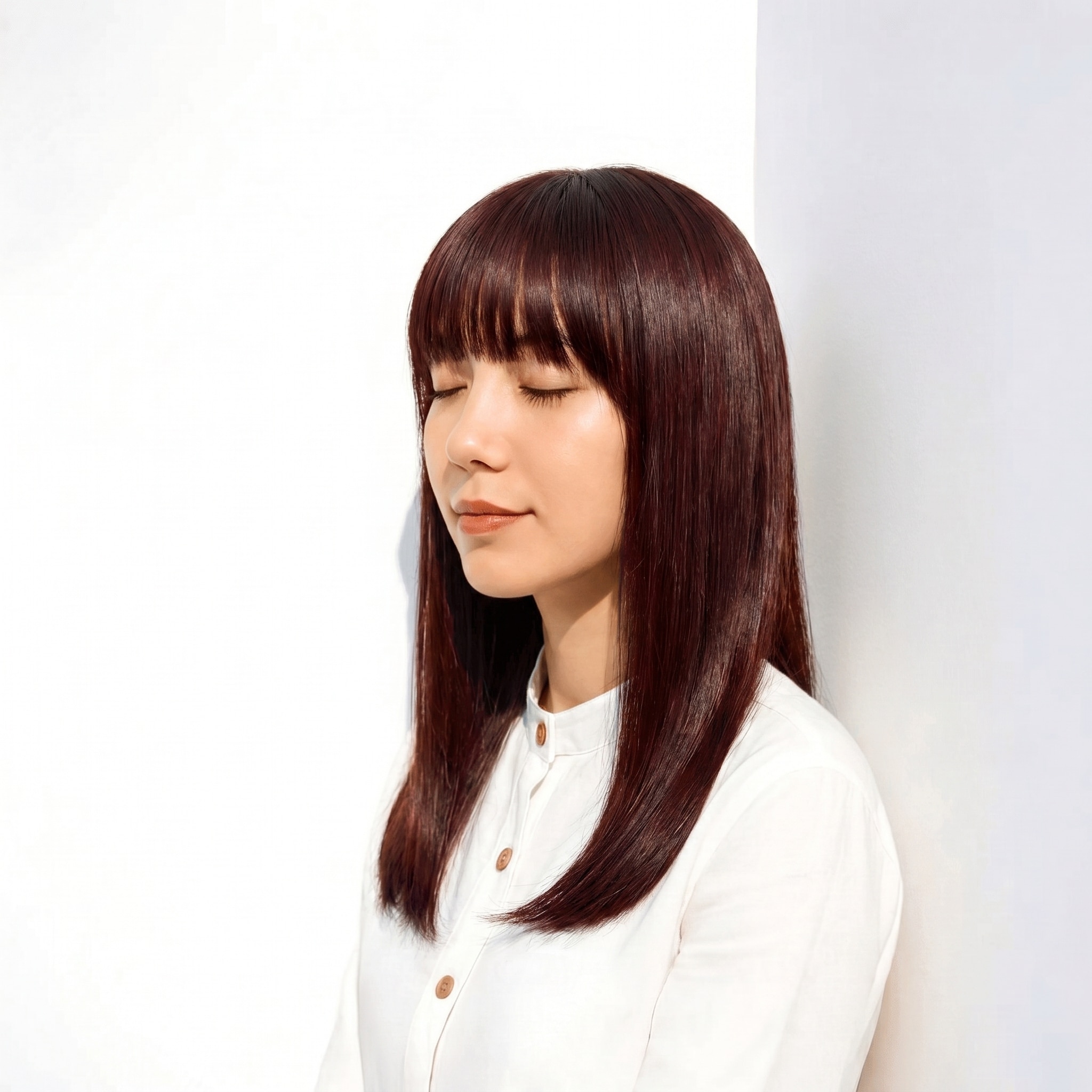 5. チェリーレッド×艶感ミディアムロング: 深い赤が光を拾いツヤを引き立てる