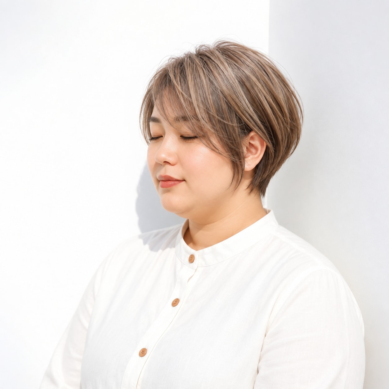 短い襟足と丸みのあるサイド、額に下りる前髪のハンサムショート