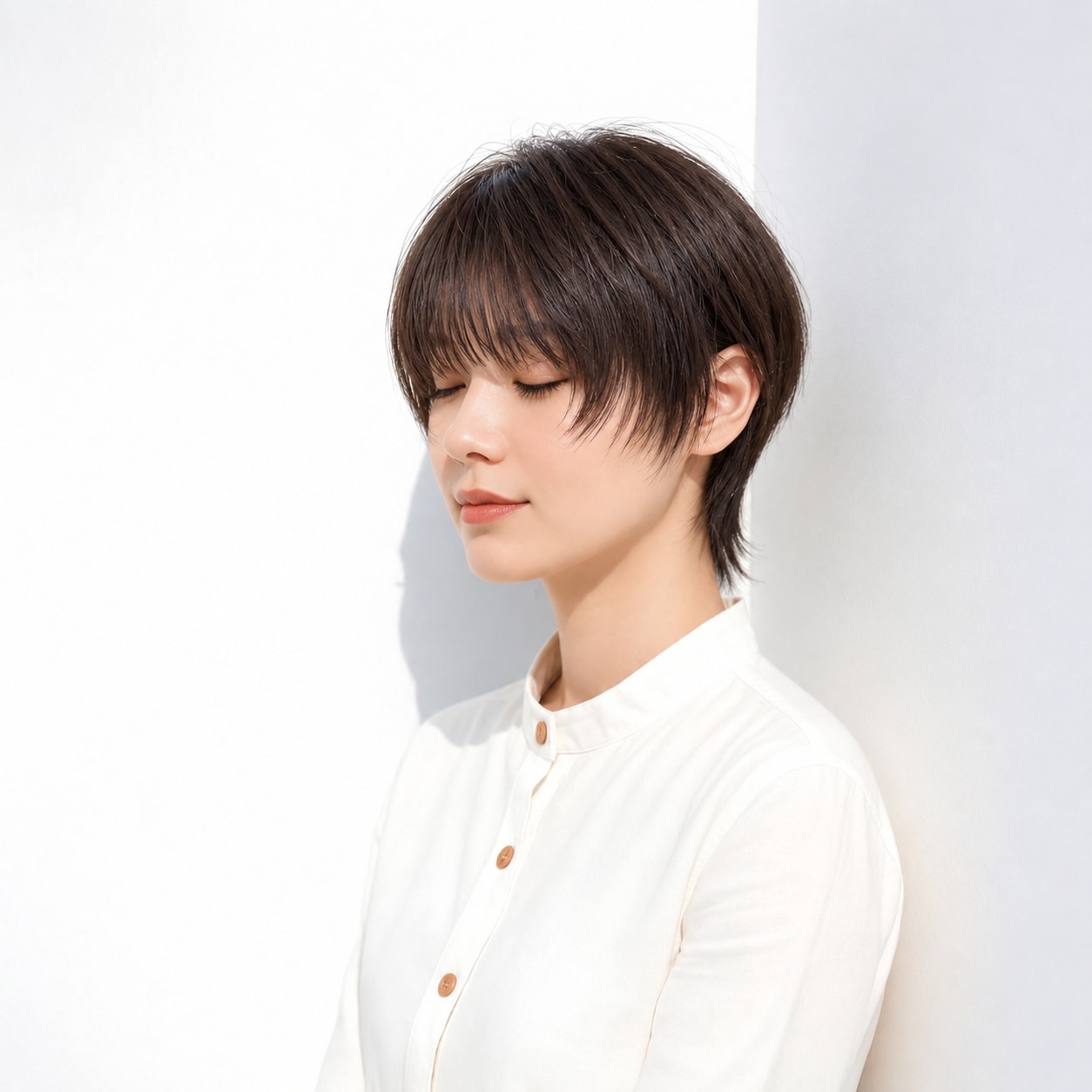 4. ハンサムショートウルフ × 厚め前髪：丸い前髪と細い襟足でメリハリがつく