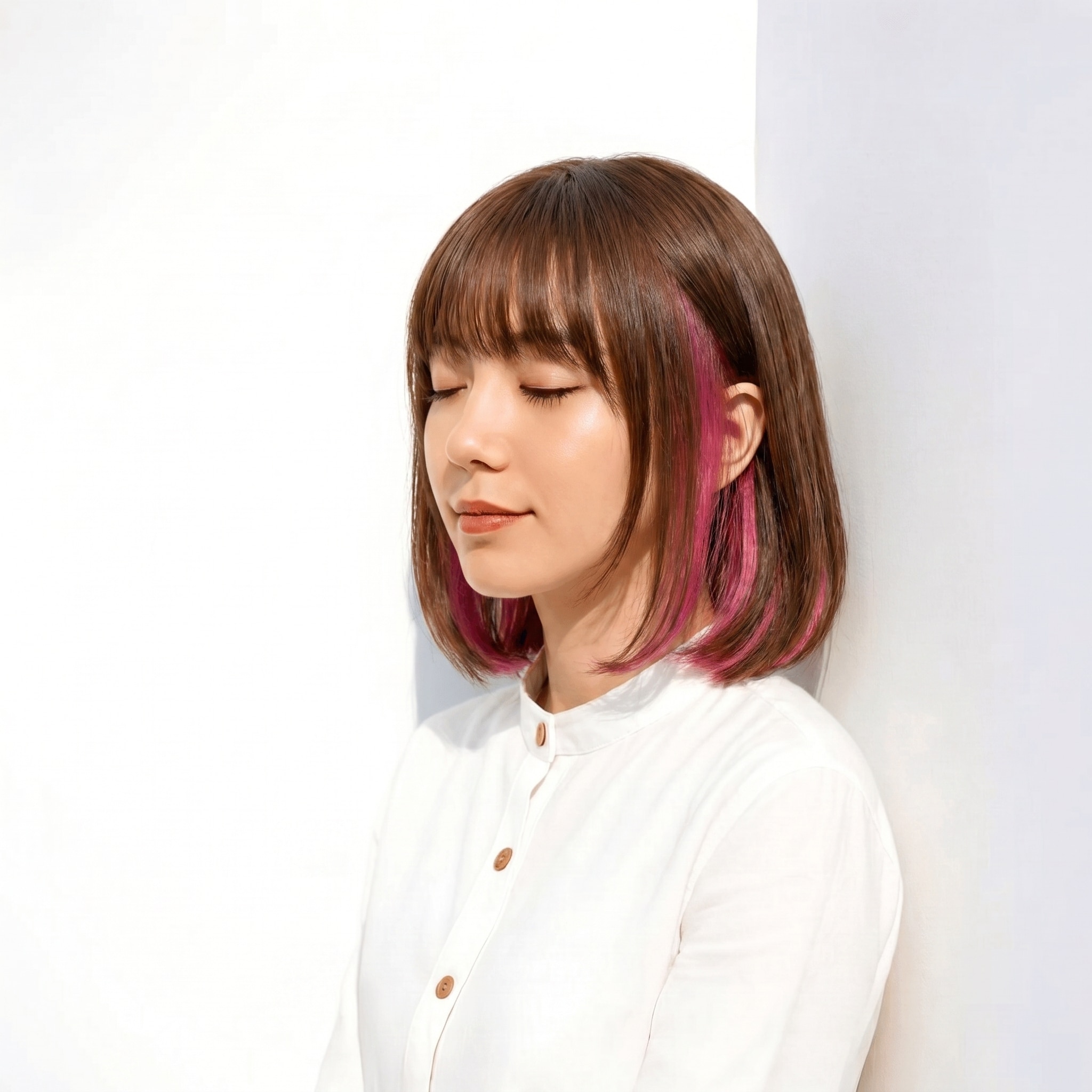 5. ピンクインナーカラー×ミニボブ: ソフトブラウンとチェリーピンクで立体感を演出