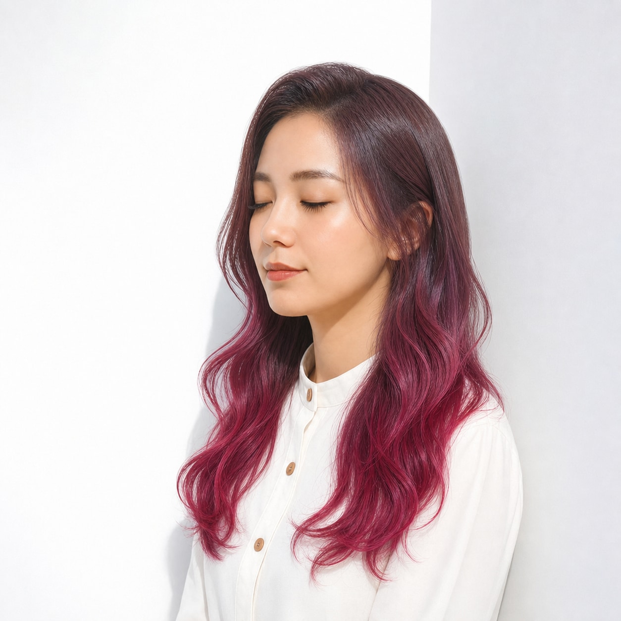 5. ピンクグラデーション×ウェーブロング: 暗髪からローズピンクへつながり大人っぽい華やかさが出る