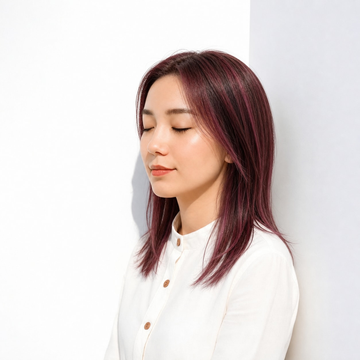 5. ピンクハイライト×ストレートロング: ワインピンクの縦ラインでロングに大人っぽさが出る