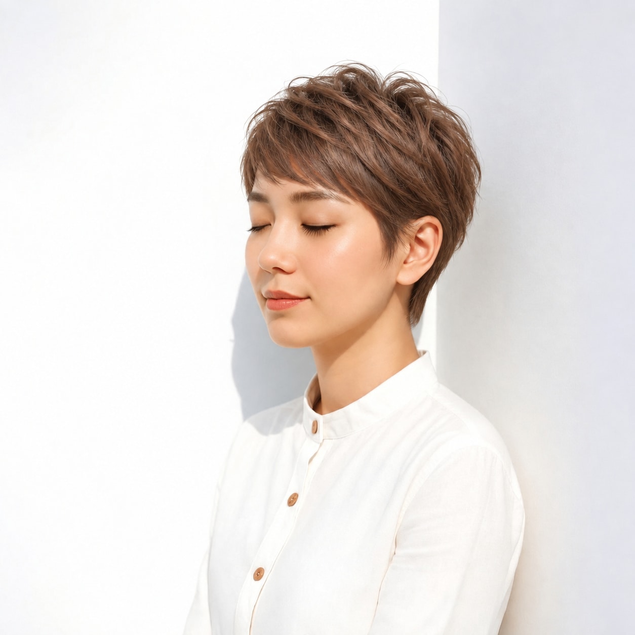 5. ピクシーカット × 襟足短め：襟元がすっきりし、正面の丸みを引き立てます