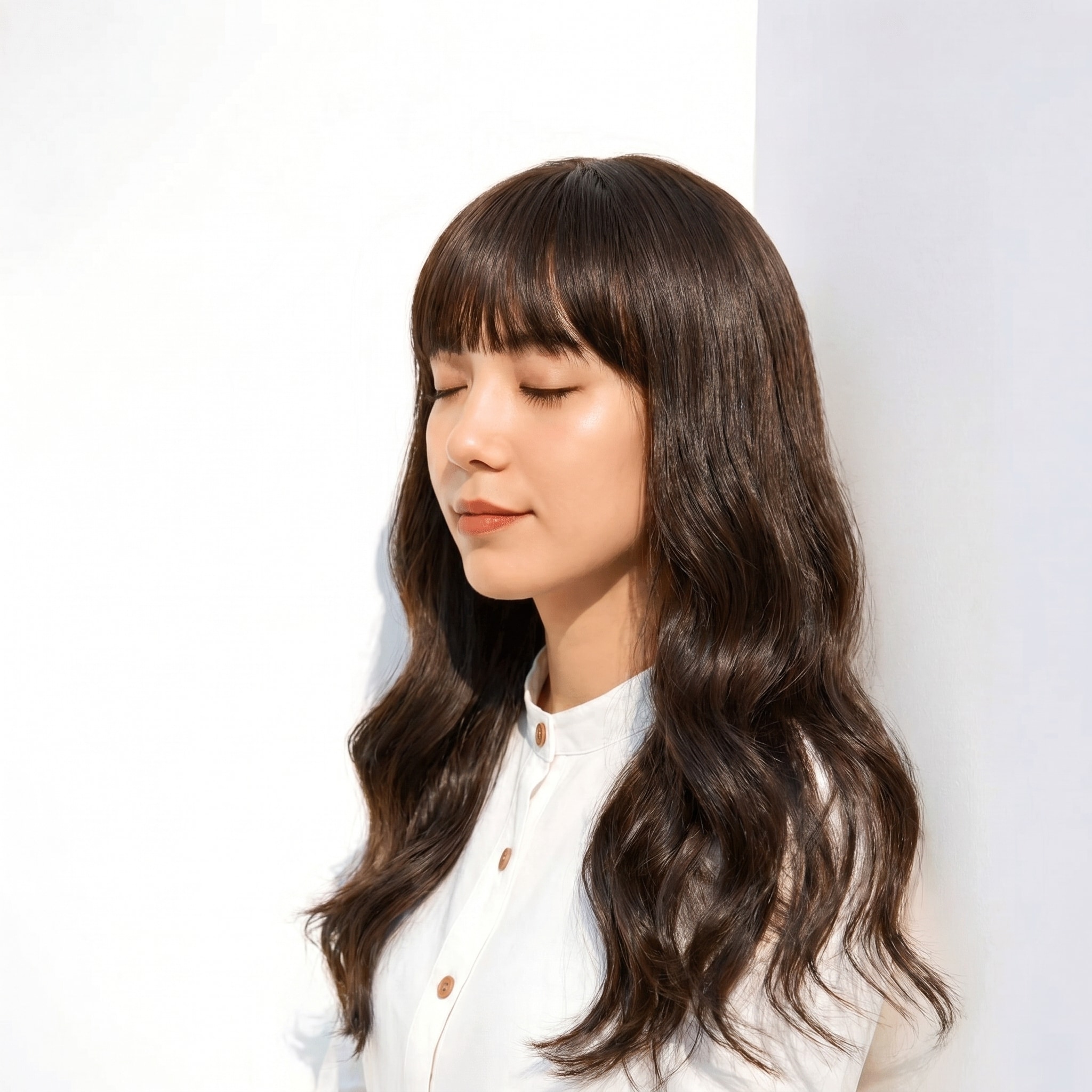 5. ブリーチなしグレージュ×厚めバング: 落ち着きと動きを両立するダークカラー