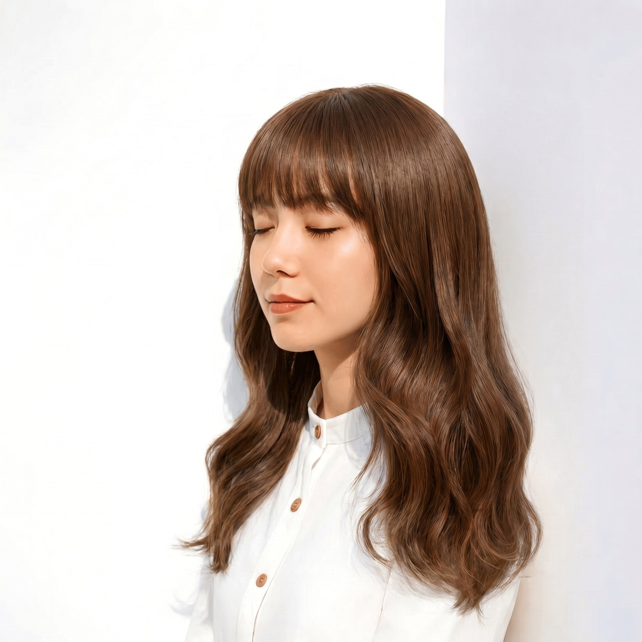 5. ブリーチなしミルクティーベージュ×フルバング: まろやかなツヤと立体感で上品な印象に