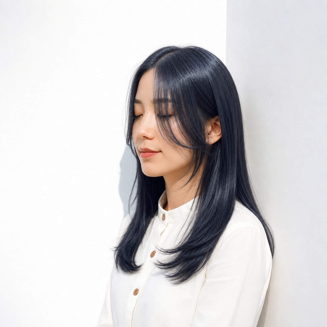 5. ブルーグレージュ×ストレートロング: 濃い青みグレーで全体が引き締まる