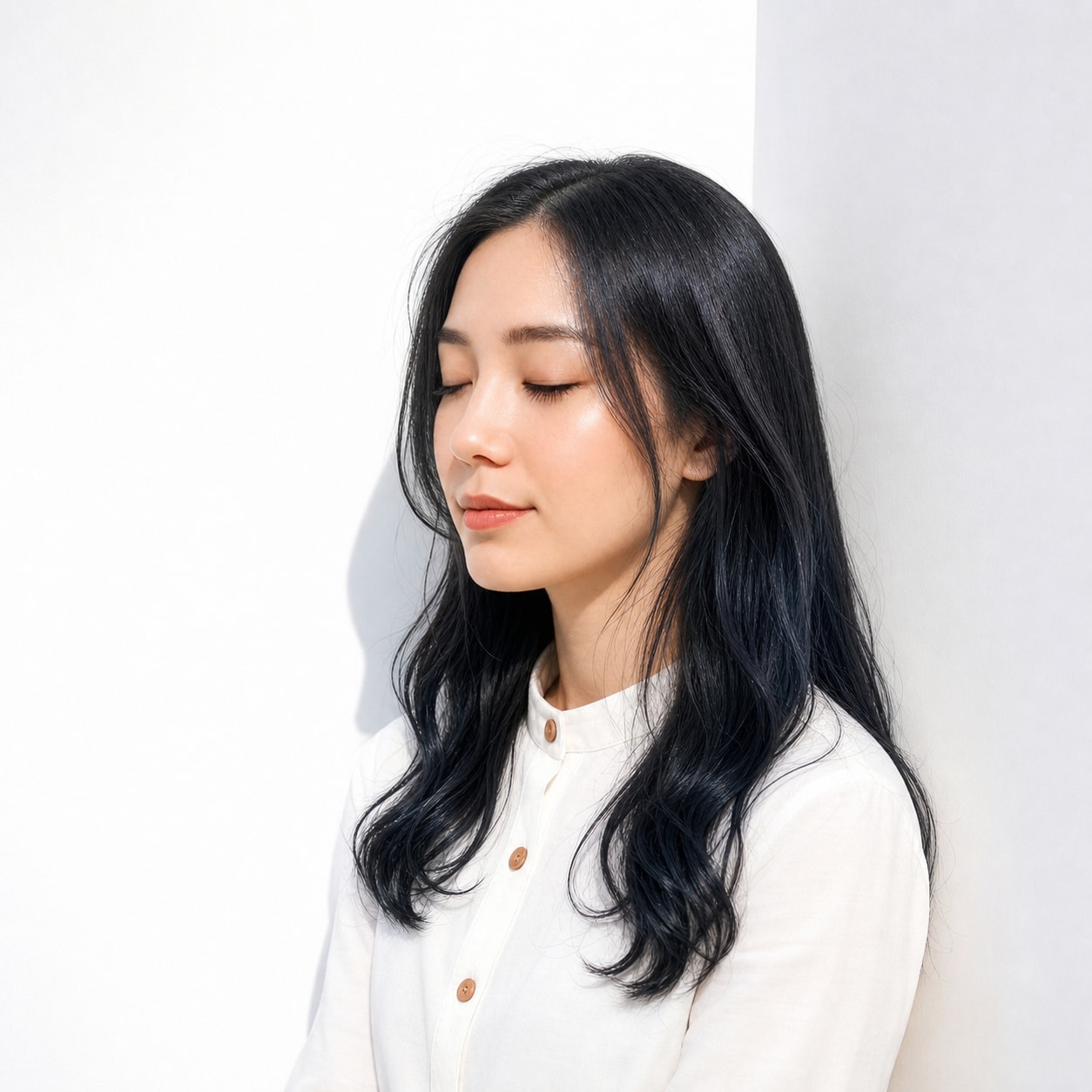5. ブルーブラック×ブリーチなし×レイヤーロング: 顔まわりを出して青みのツヤが引き立つ