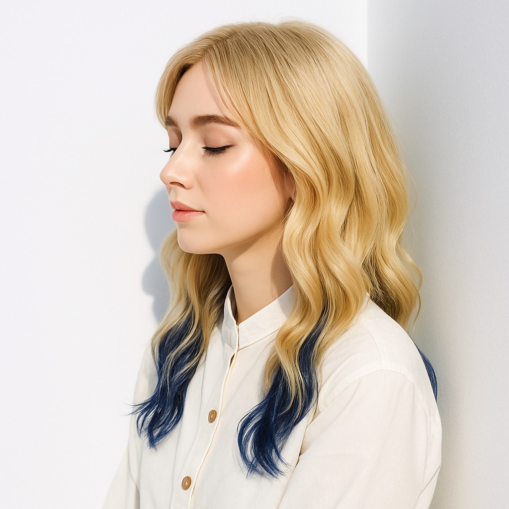 5. ブロンドベージュ×ネイビーブルー：裾カラーとのコントラストが美しいスタイル