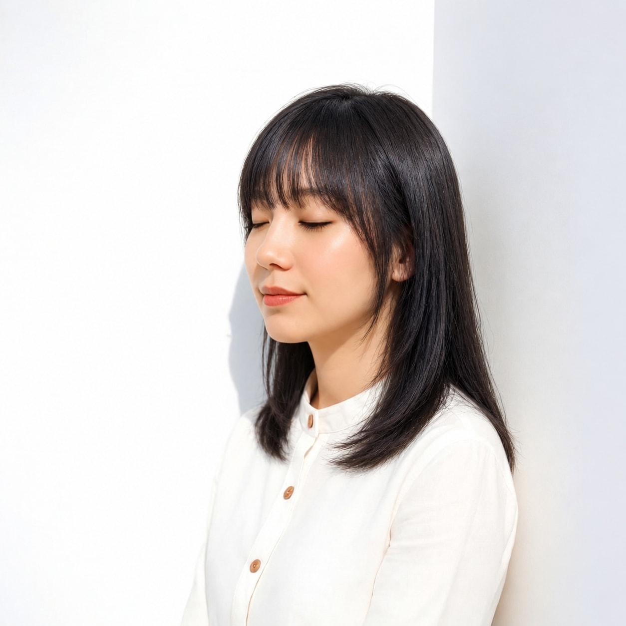 5. フルバング × 黒髪ロング：厚めの前髪で目元を印象的に見せる
