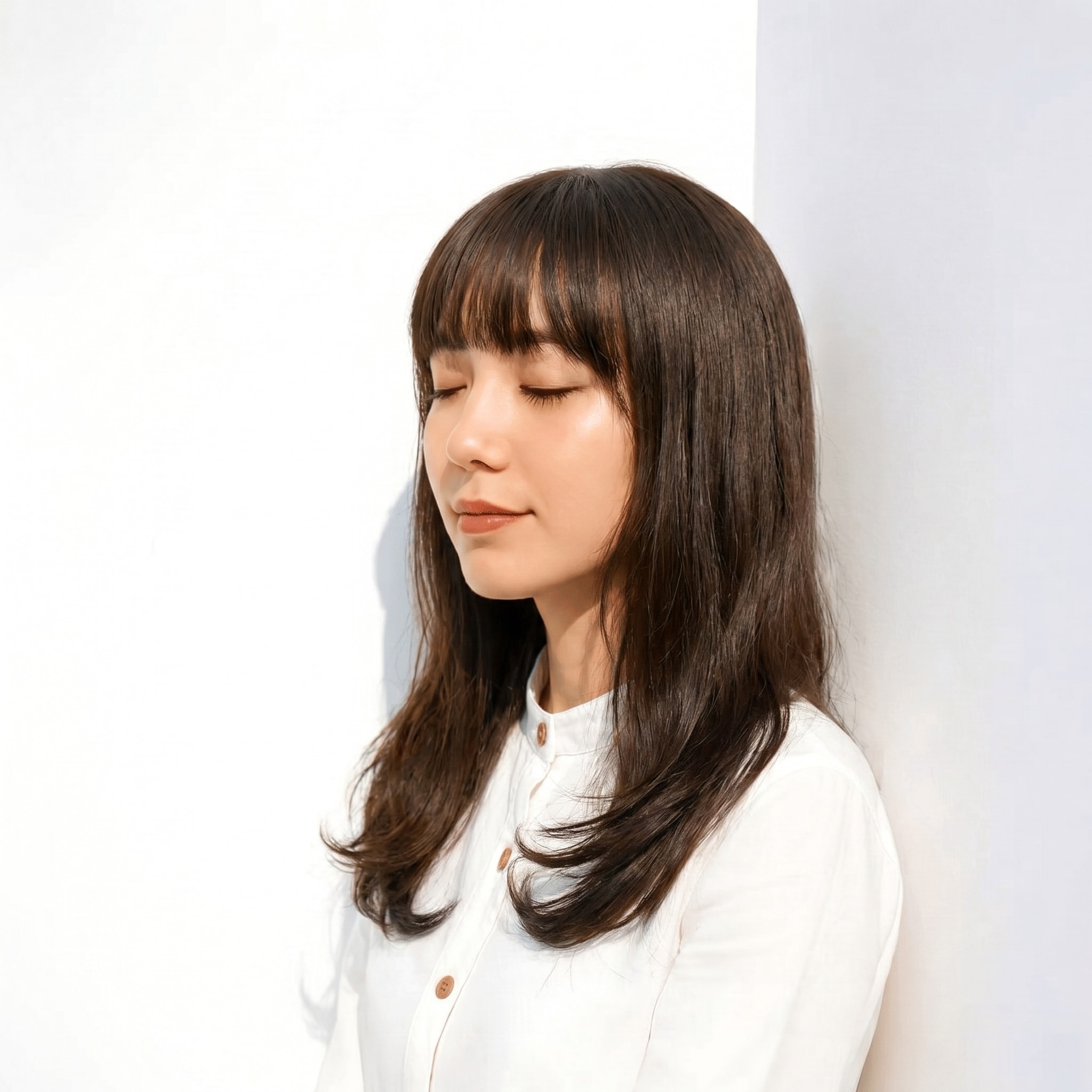 5. ベージュブラウン×スモーキー：赤みを抑えたミディアムストレートで陰影を演出