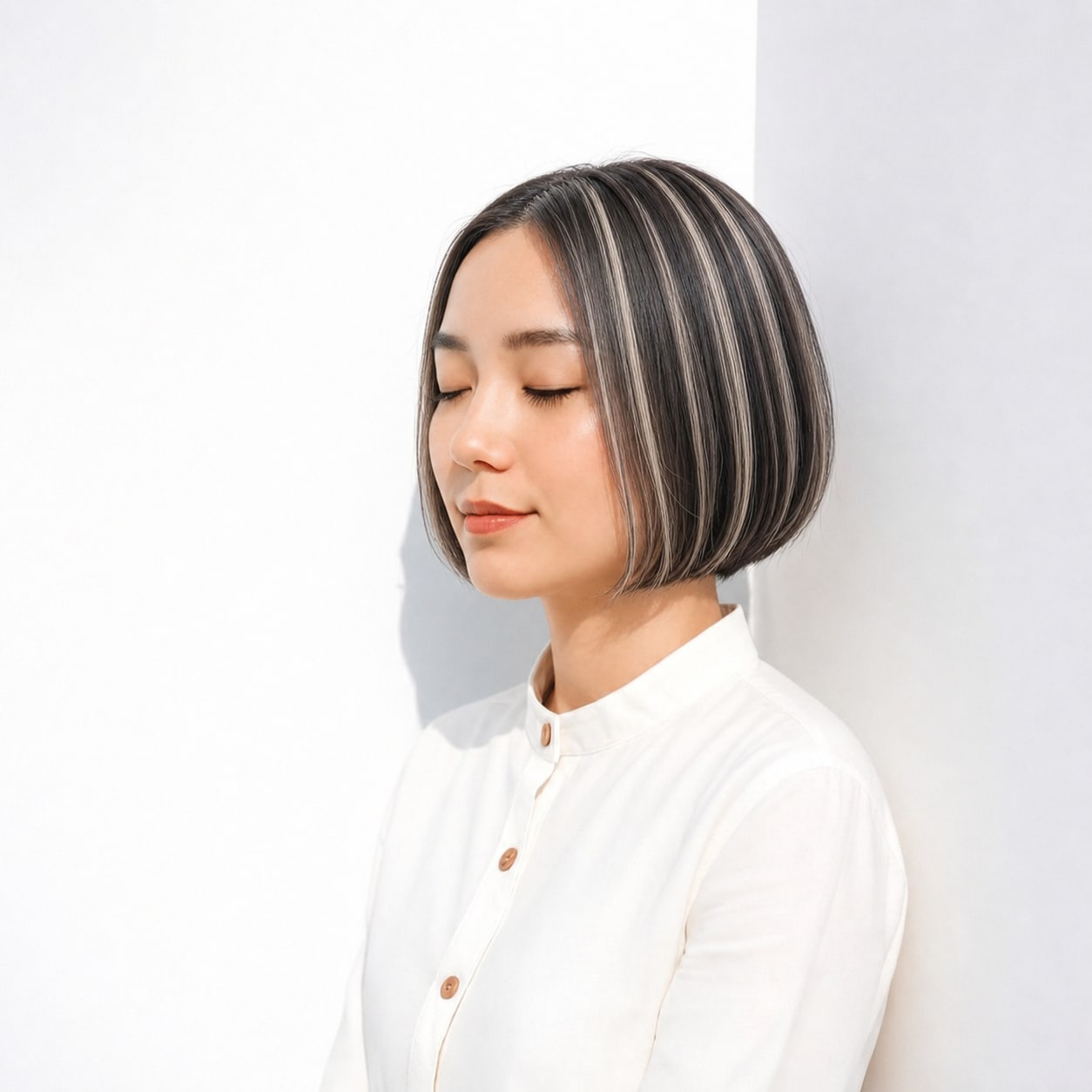 5. ホワイトメッシュ×ストレートボブ: 顔まわりの太めラインで表情が明るい印象になる