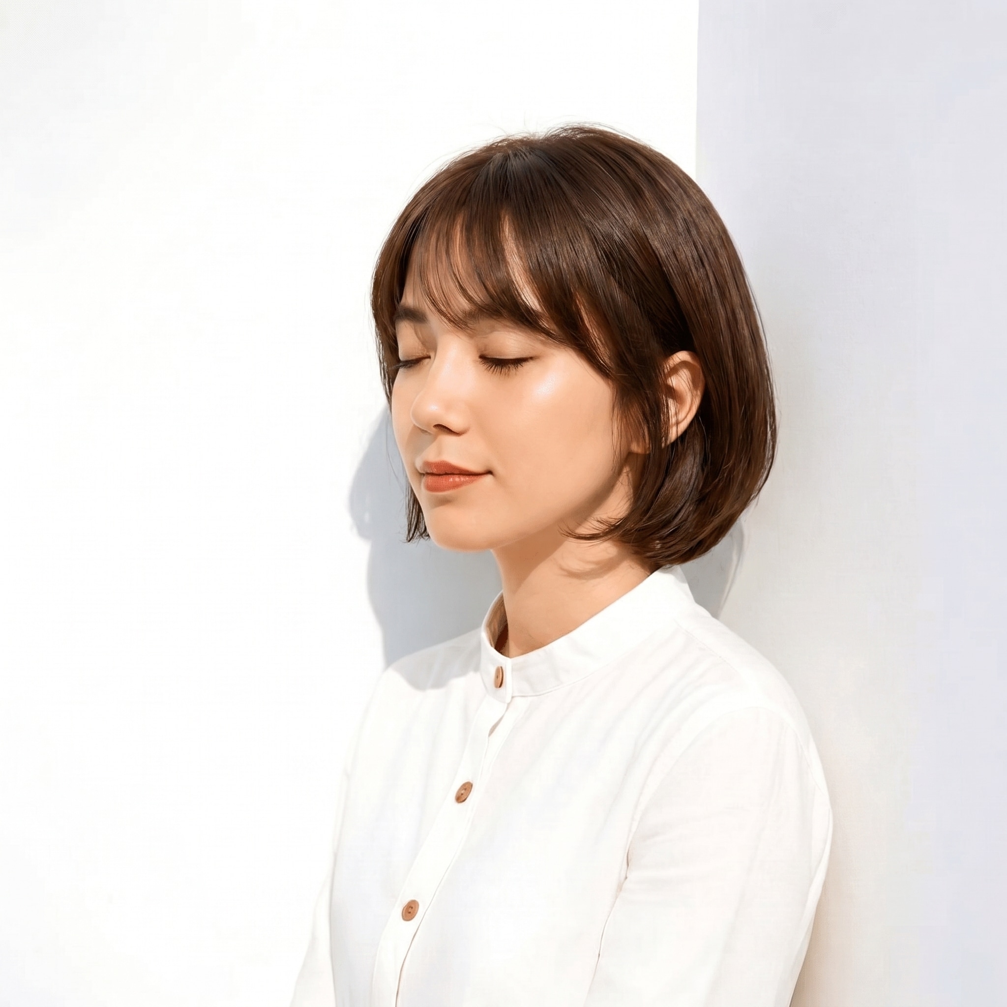 5. マロンベージュ×丸みボブ: 顎ラインに収まる優しい曲線美