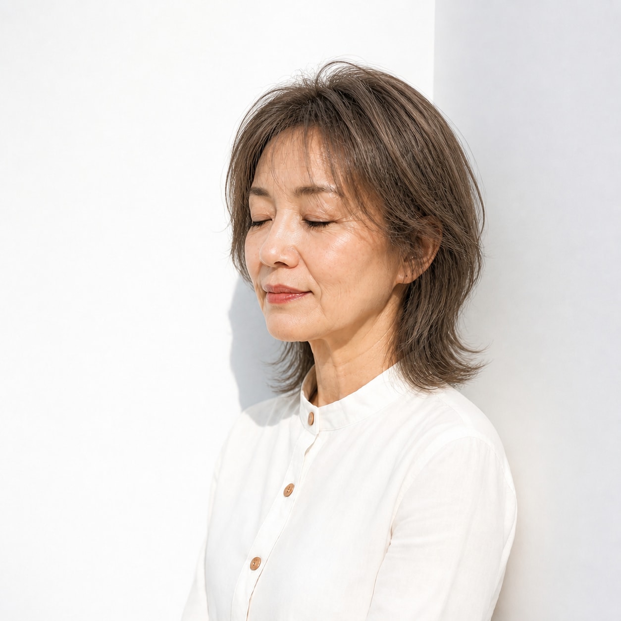 5. ミディアムウルフ × ふんわりトップ：60代の髪を豊かに