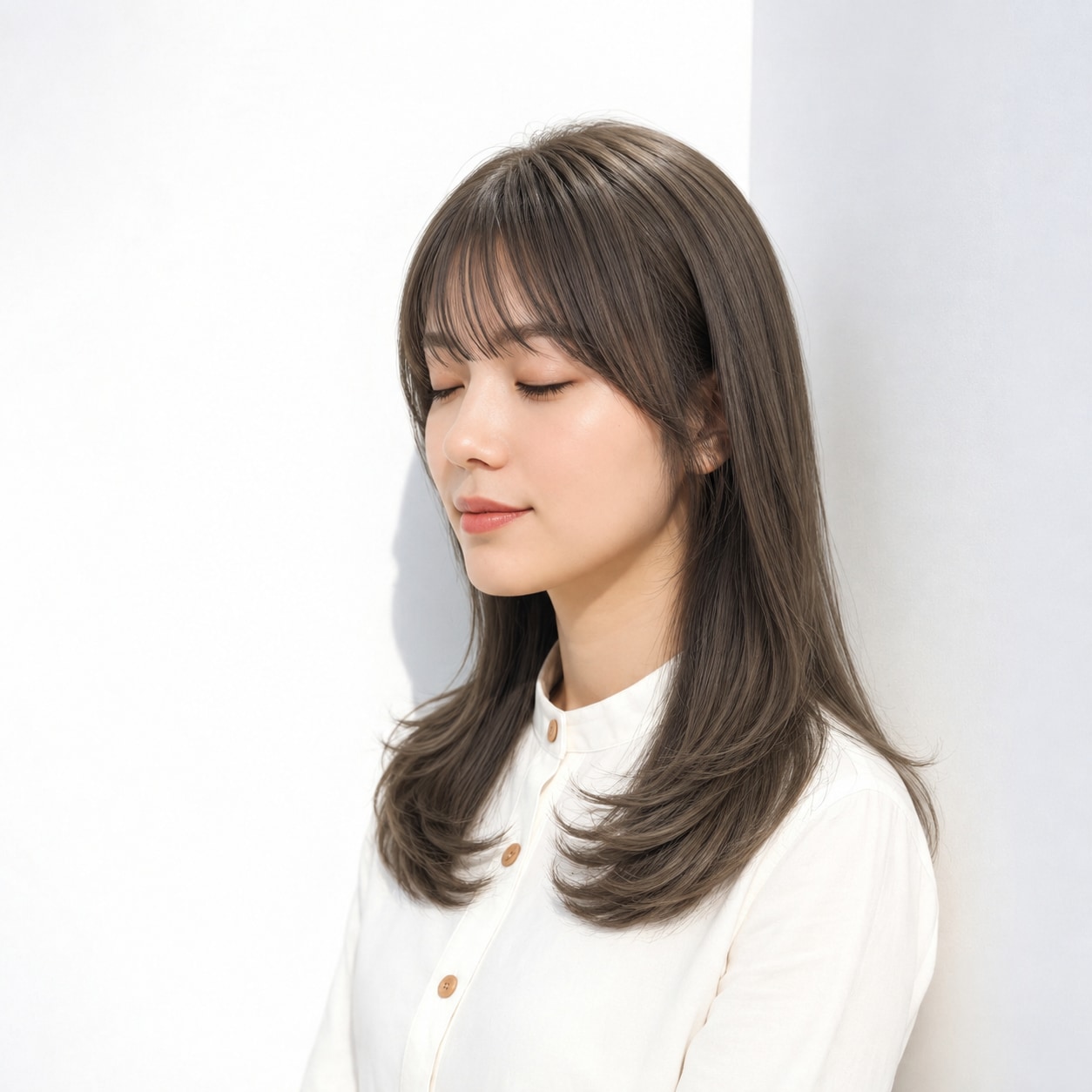 5. ミディアムレイヤー × 前髪あり × サイドレイヤー：顔まわりに斜めの線が入り、輪郭を自然に包めます