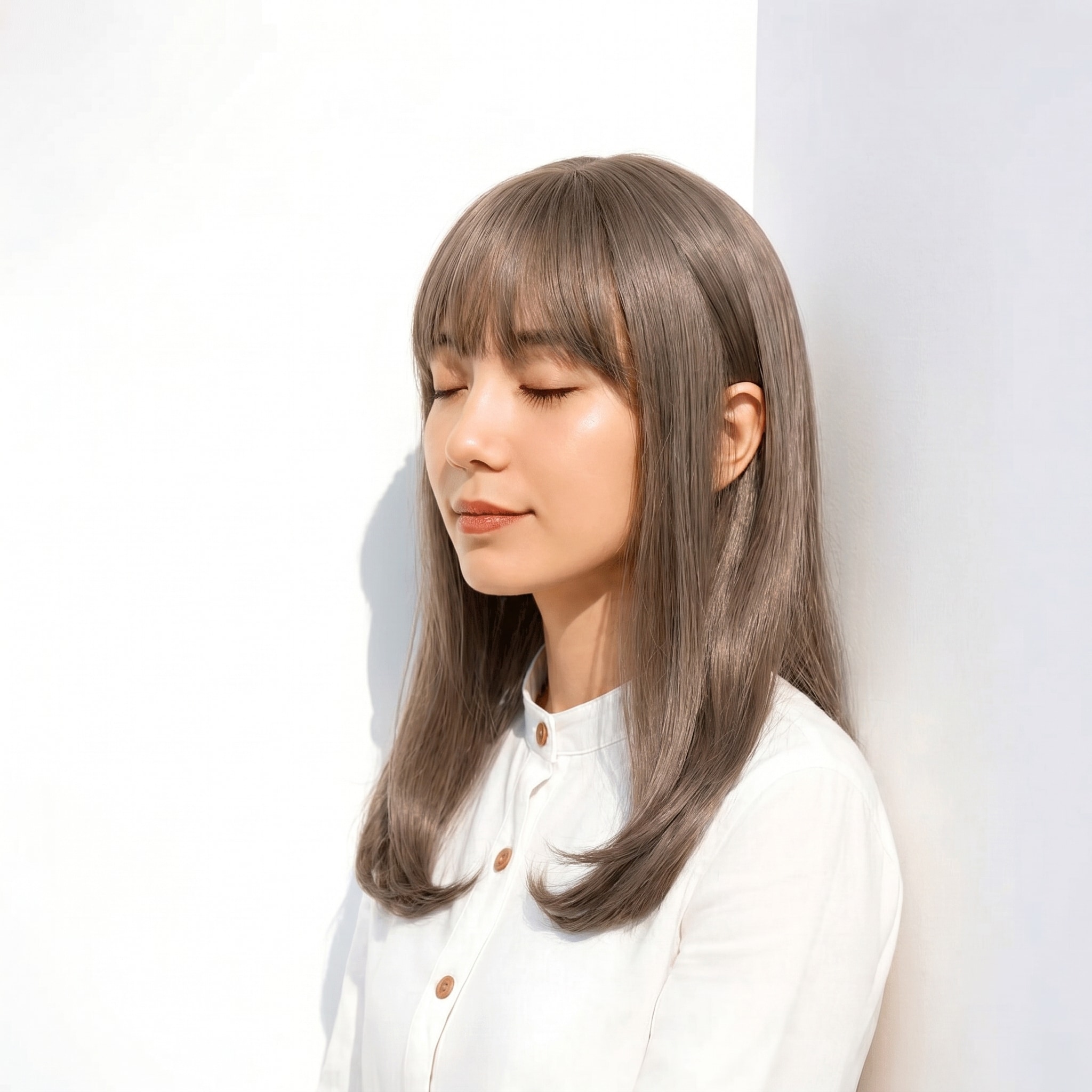 5. モカグレージュ×内巻きミディアム: 内側からのぞく色みで、表情まで軽やかに見せる