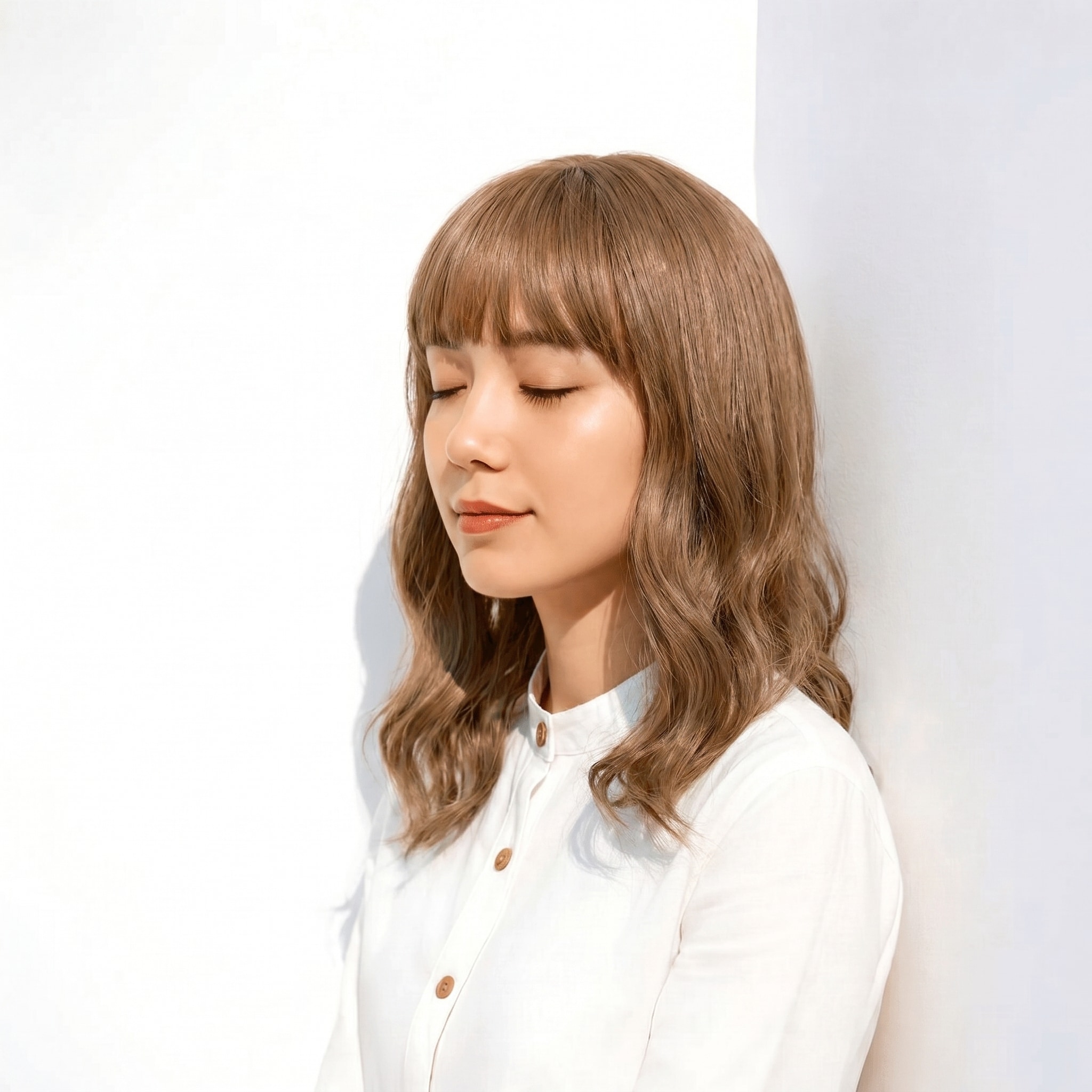 5. ライトブラウン×ミディアムウェーブ: 柔らかな動きで軽やかさを演出