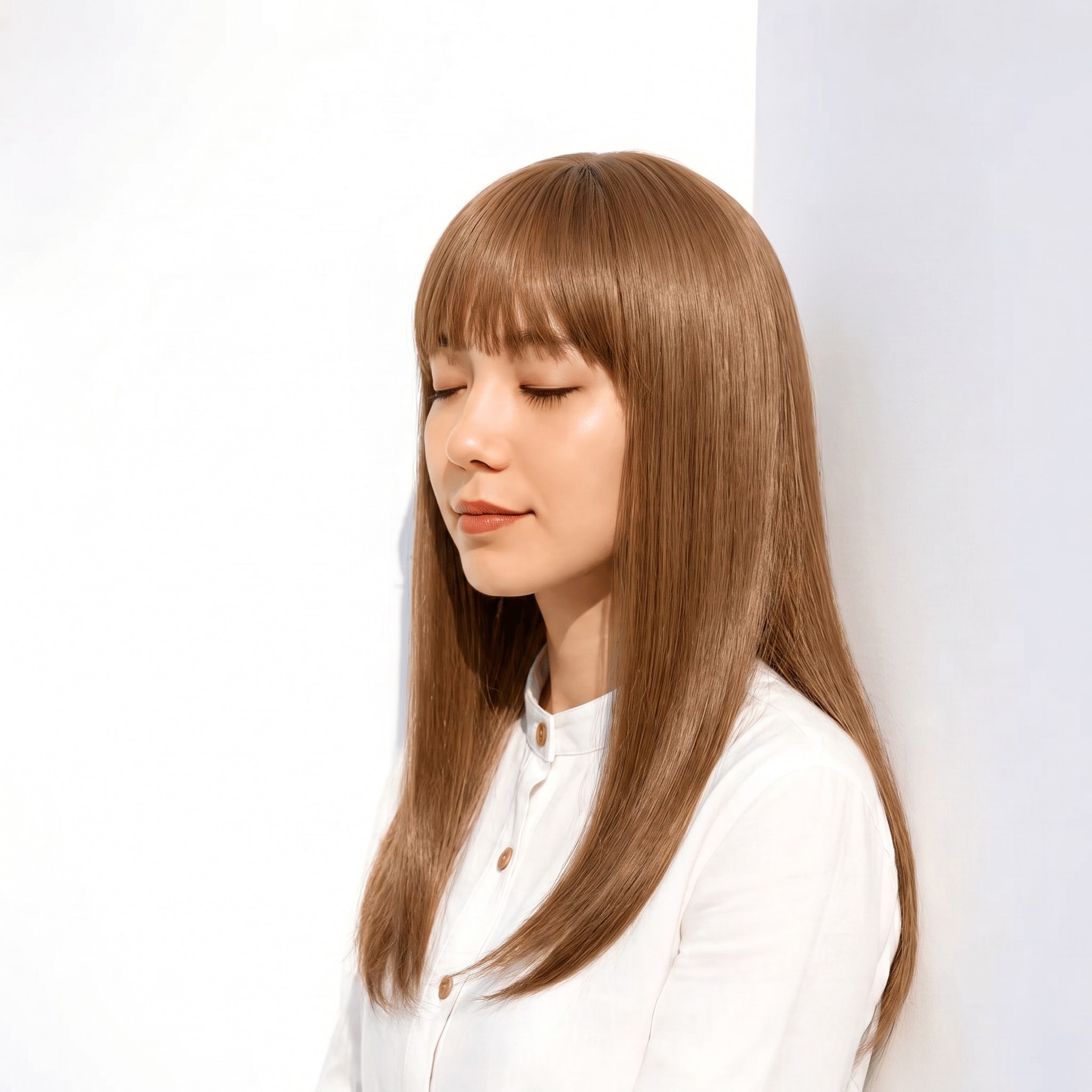 5. ライトベージュ×ストレートロング: ほどよい黄みの明るさでストレートロングが柔らかくなる