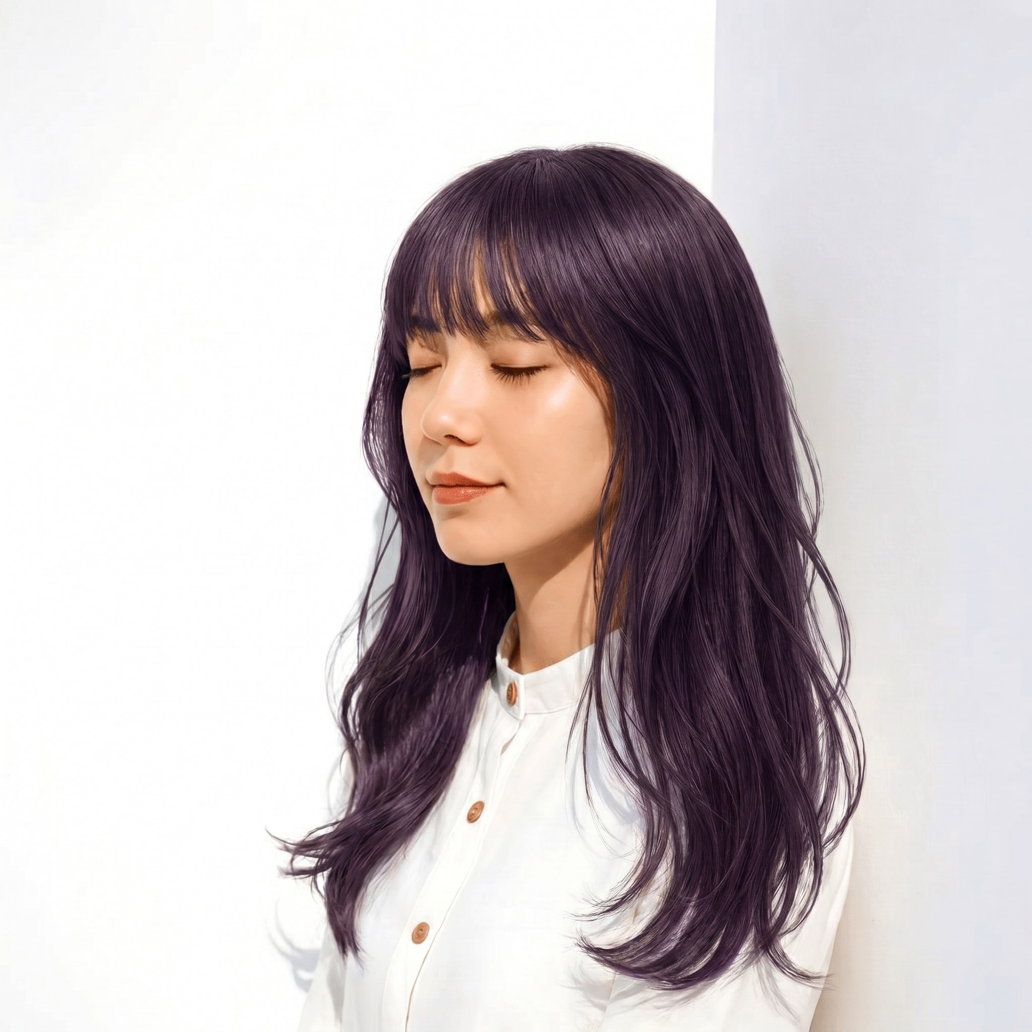 5. ラベンダーグレージュ×暗髪: 赤みを抑えたモードなミディアムロング