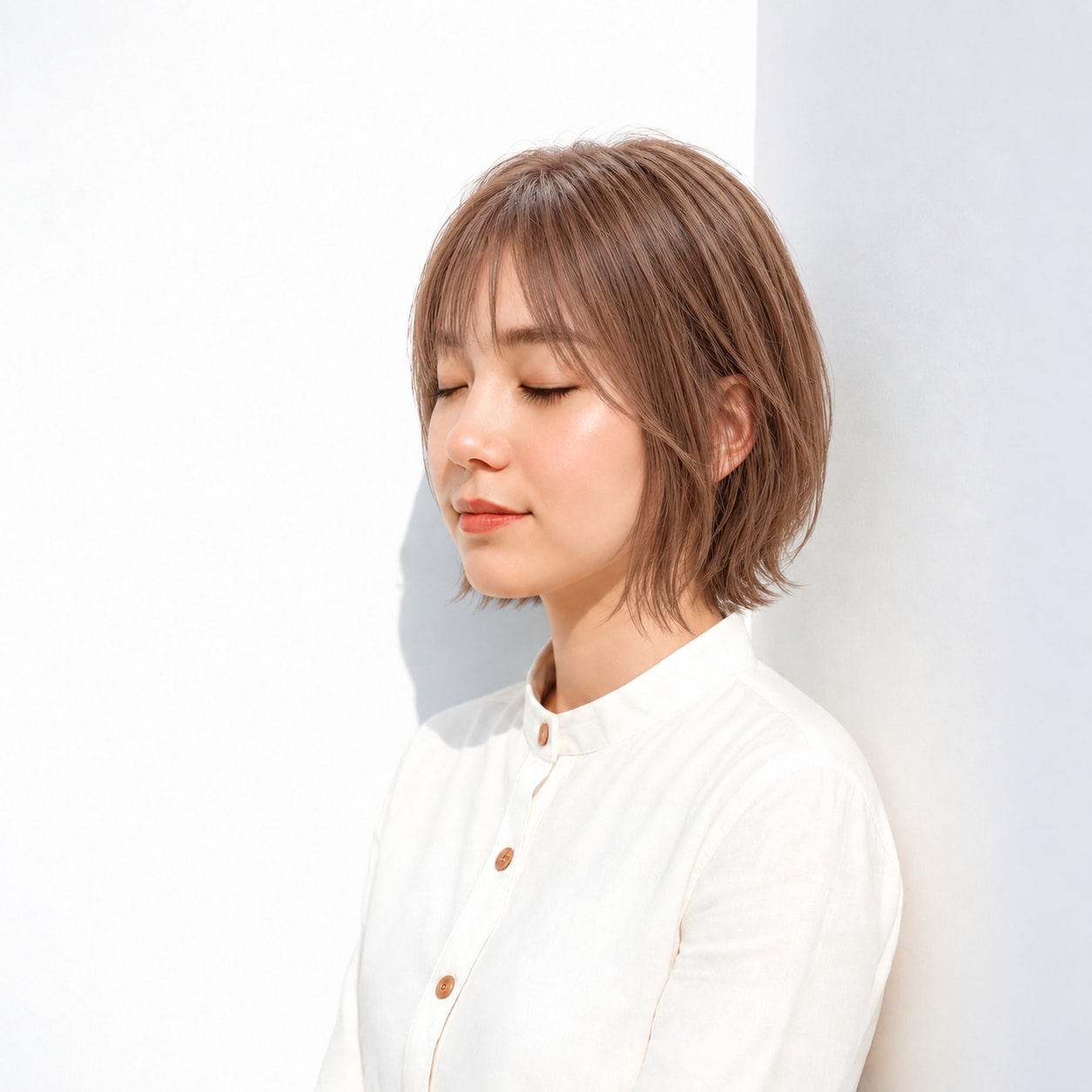 5. レイヤーボブ × ライトブラウン：細い顔まわりでラフに調整