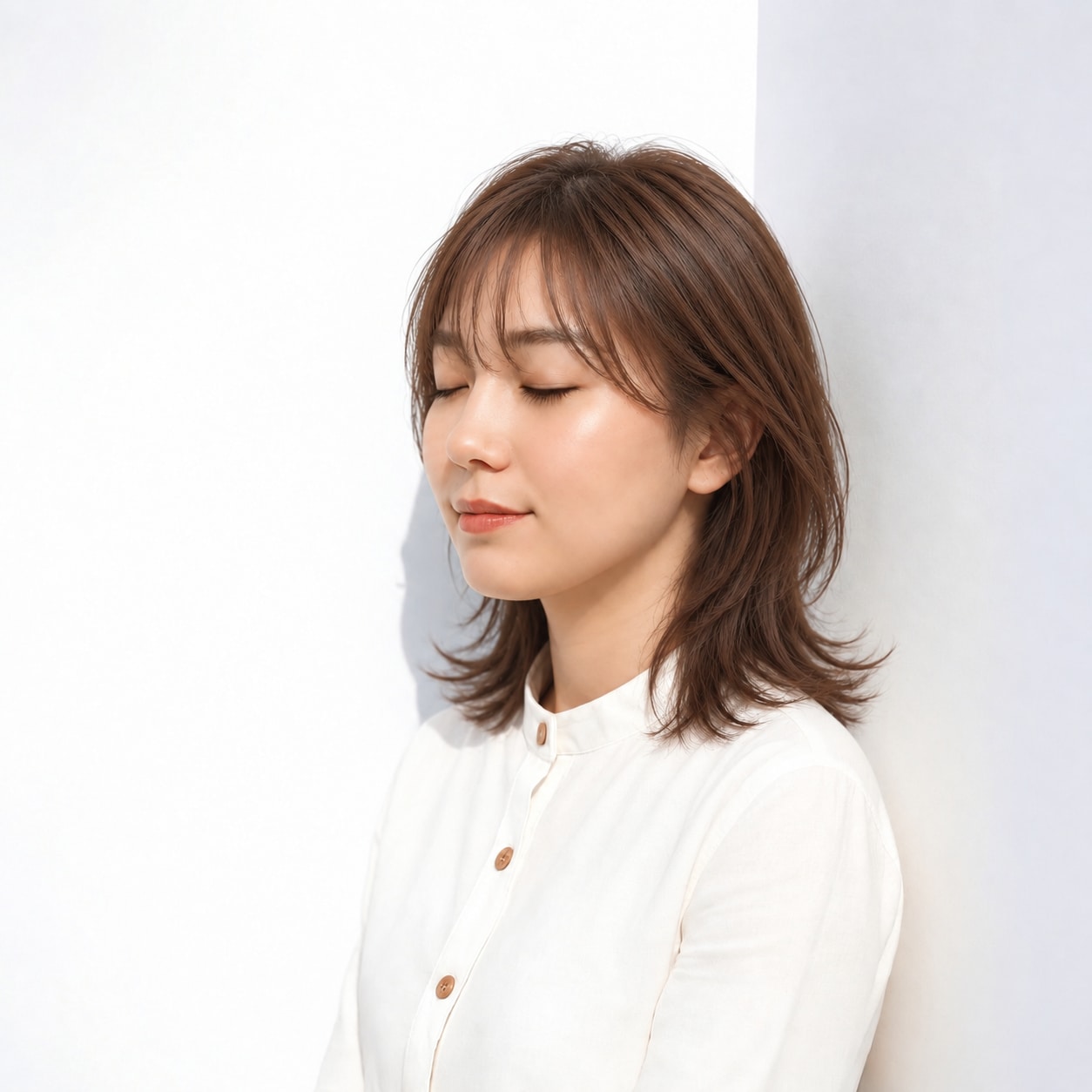 5. レイヤーミディアム × 栗色ブラウン：斜め前髪で大人らしい軽さ