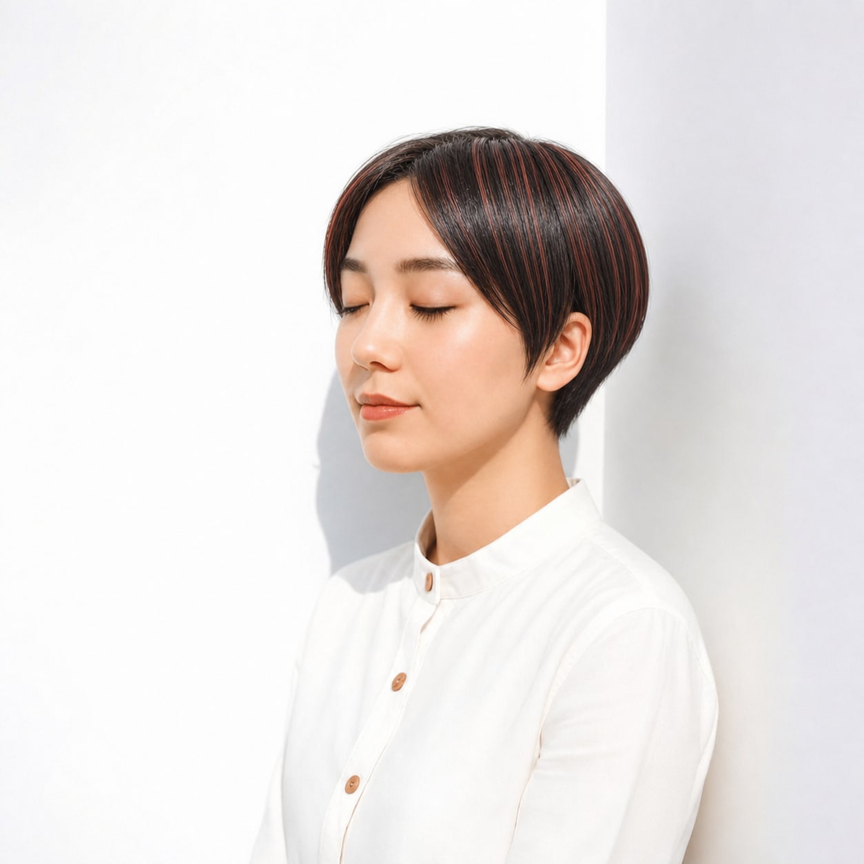 5. レッドブラウンメッシュ×コンパクトショート: 落ち着いた暖色ラインで短めヘアに変化が出る