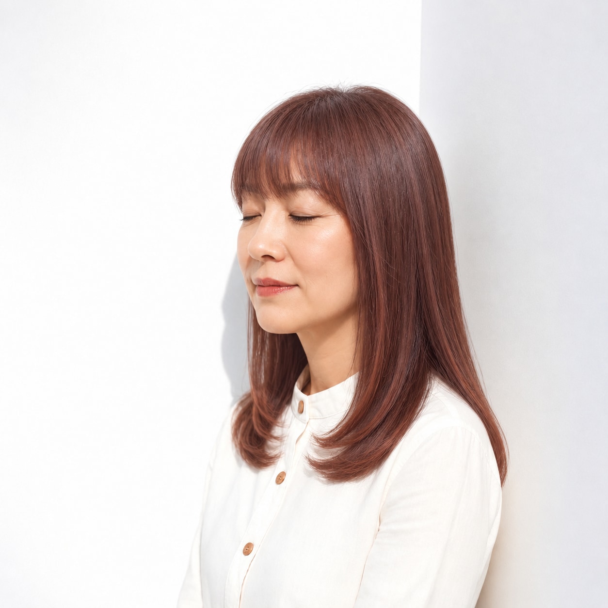 5. レッドブラウン × ストレートロング：なめらかな色で優しく