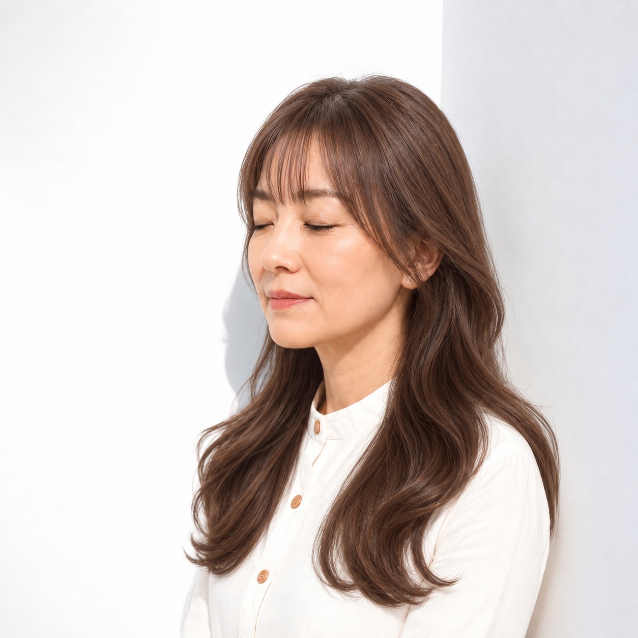 3. ロングウェーブ × 薄め前髪：肩下で揺れる髪が華やかさを添える