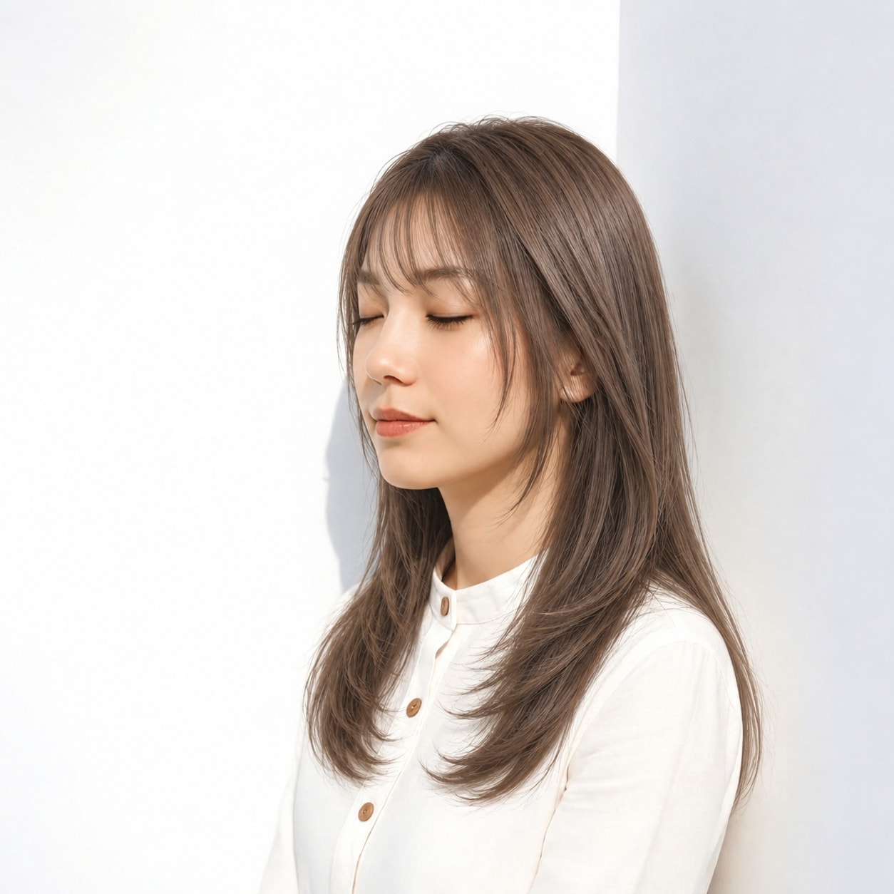 5. ロングレイヤー × 前髪あり × くびれヘア：肩まわりに余白ができ、横顔のシルエットが引き締まります