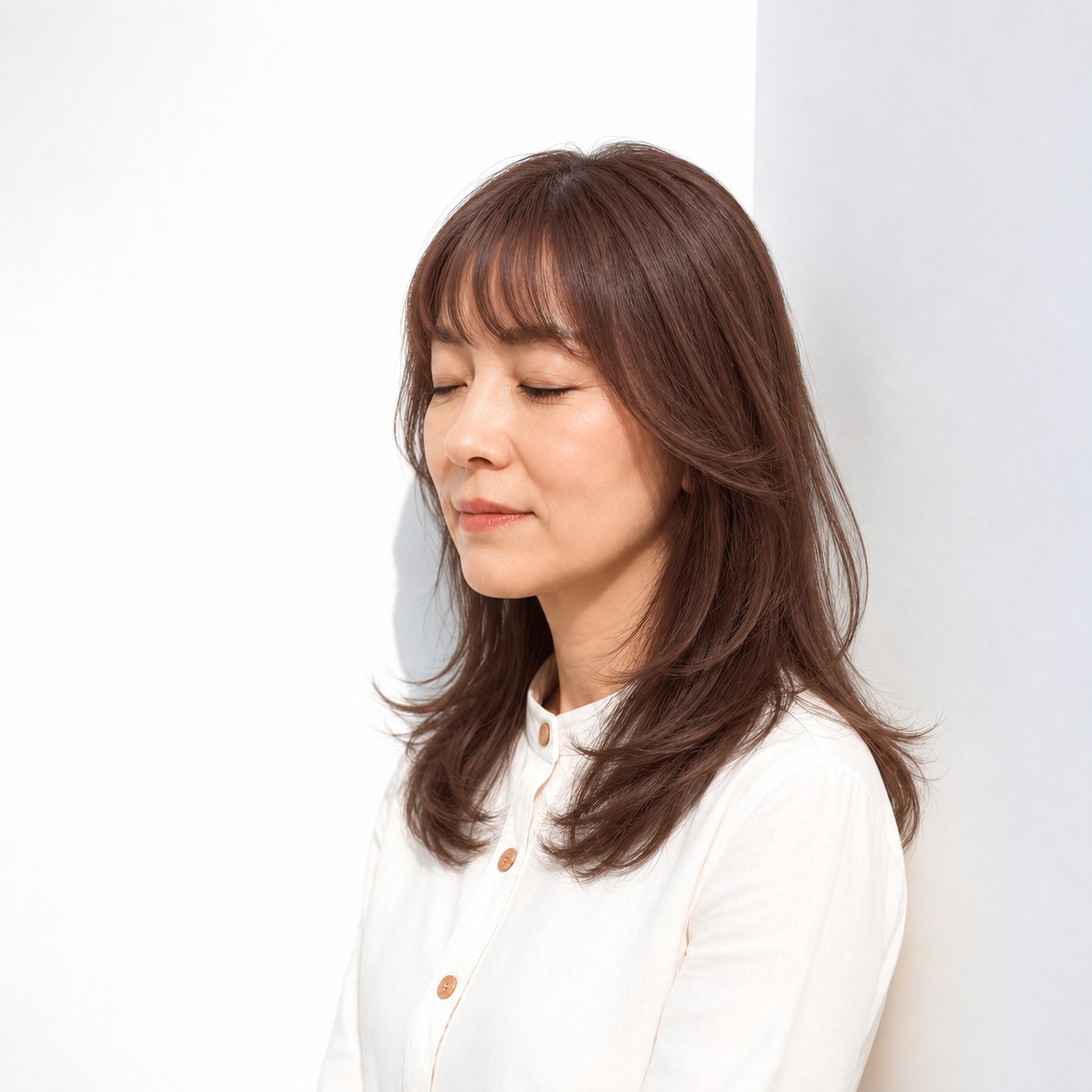 5. ロングレイヤー × 前髪あり × ゆるやかなくびれ