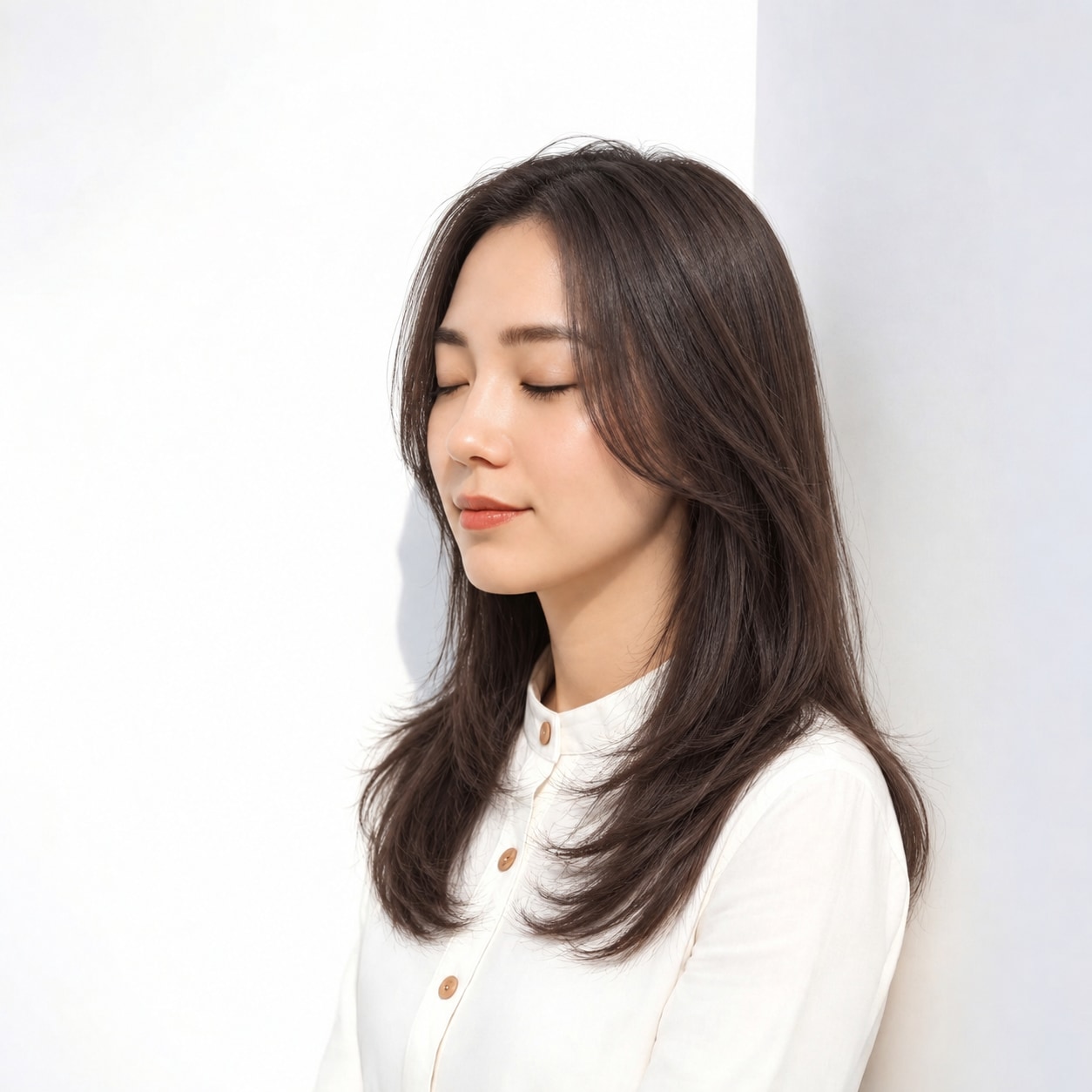 5. ロングレイヤー × 前髪なし × くびれヘア：肩まわりに余白ができ、横顔のシルエットが引き締まります