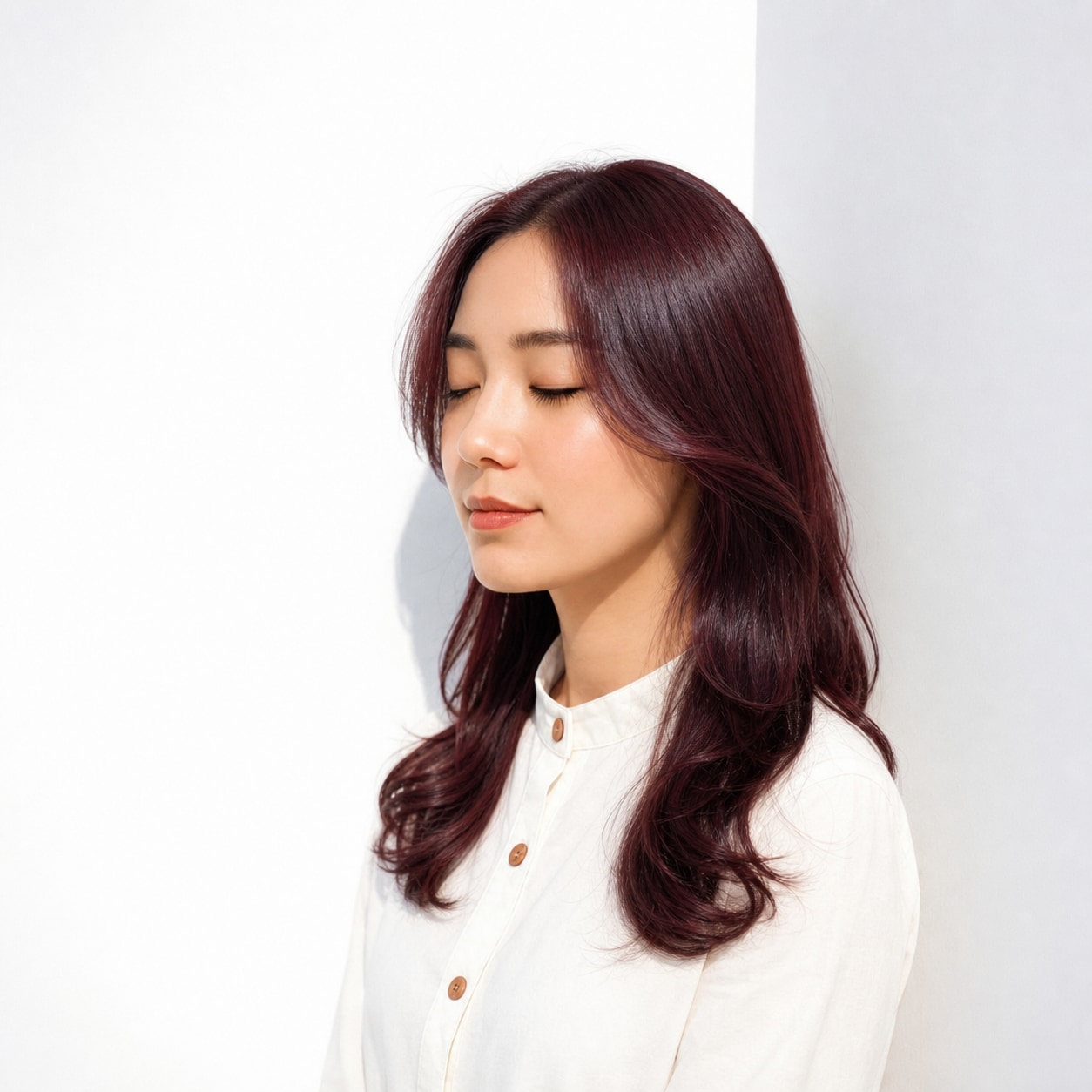 5. ワインレッド×ブリーチなし×ウェーブロング: 深い発色で落ち着いた華やかさが出る