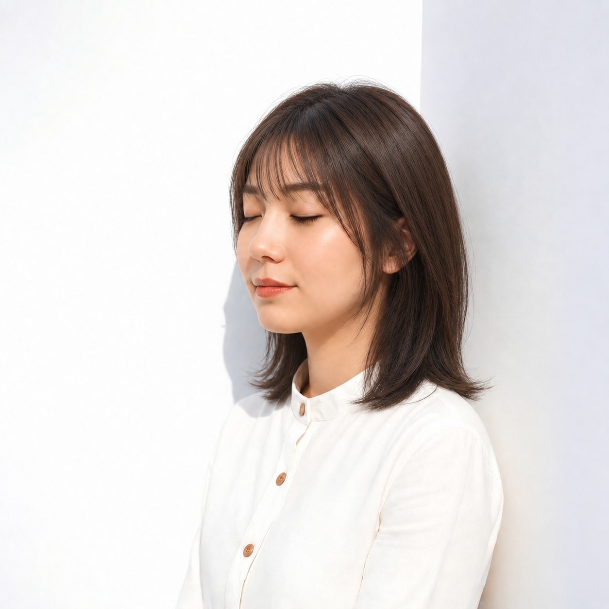 5. 内巻きミディアム × ダークブラウン：長いサイドで端正に