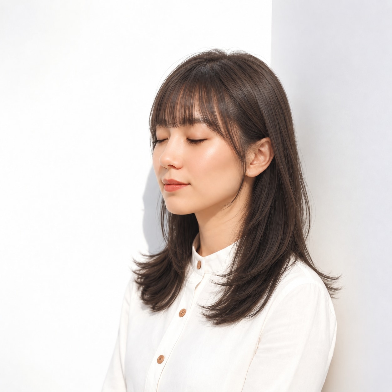 内巻きロング × 耳前のサイドバング：すっきり上品に