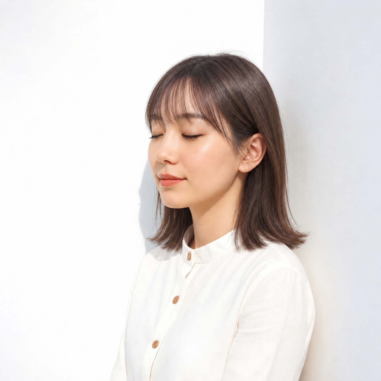 5. 切りっぱなしミディアム × 前髪あり × サイドレイヤー：顔まわりに斜めの線が入り、輪郭を自然に包めます