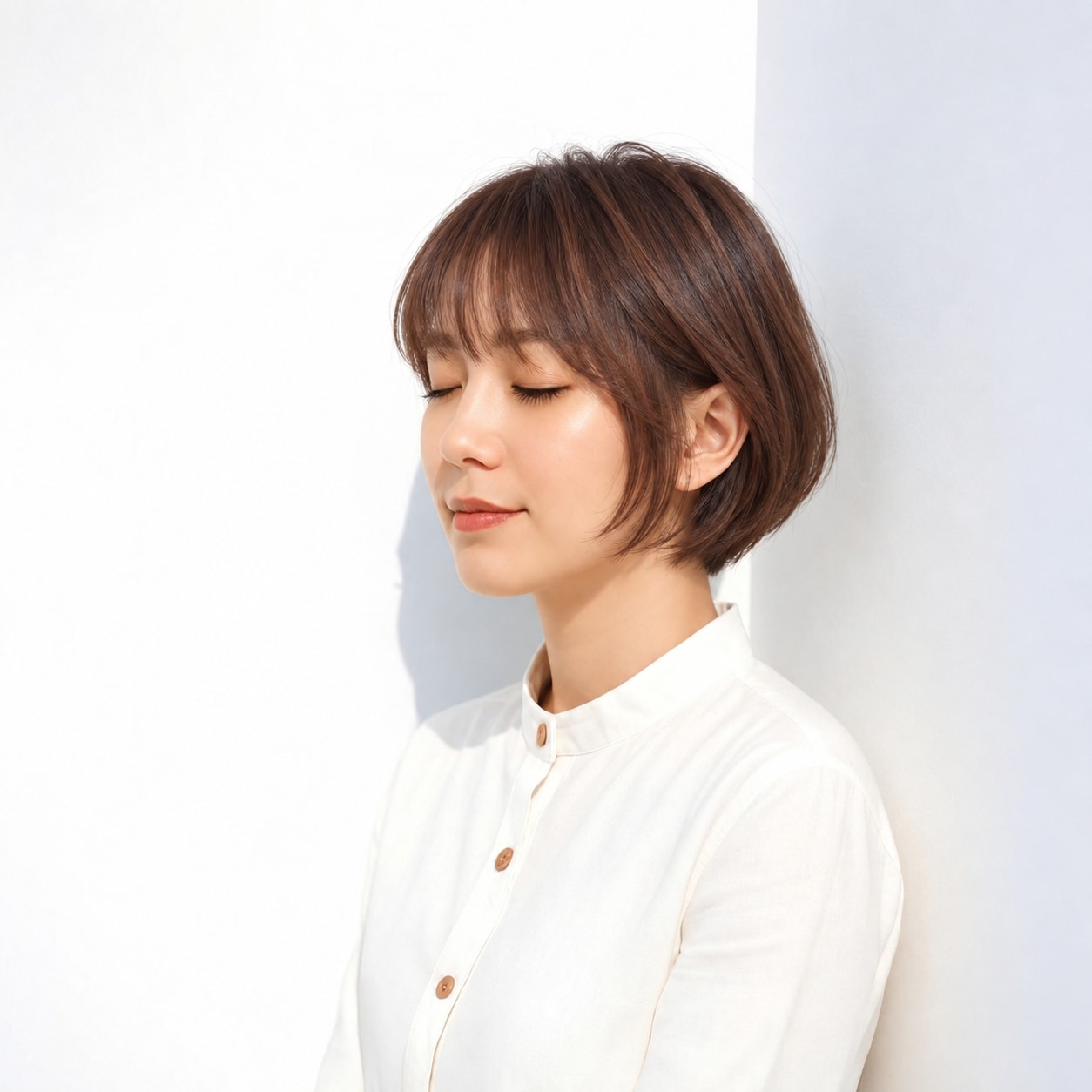 5. 前上がりボブ × シースルーバング：額が少し見え、丸いボブでも顔まわりが詰まりません