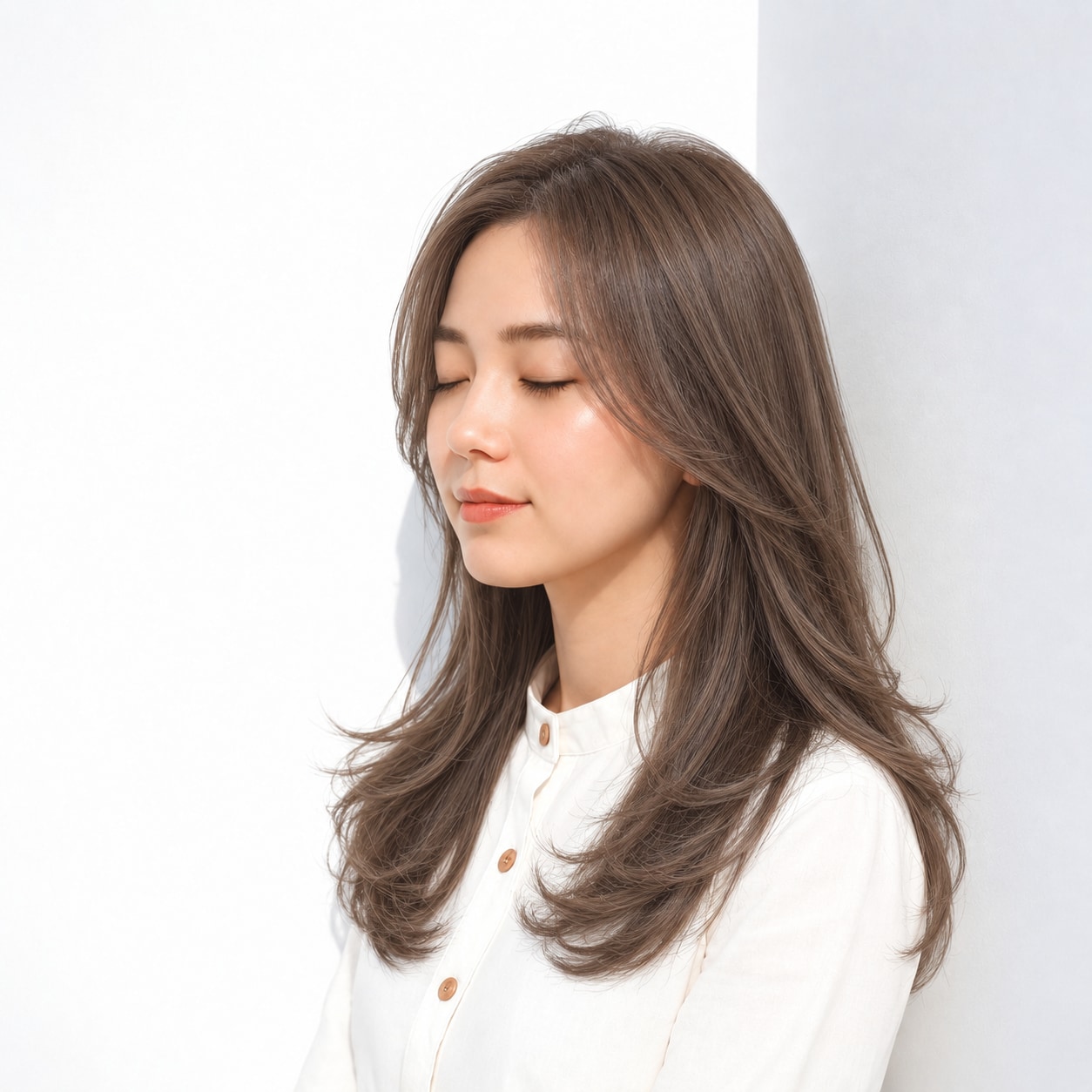 5. 前髪なしレイヤーロング × ブラウン：額の抜けで軽い表情に